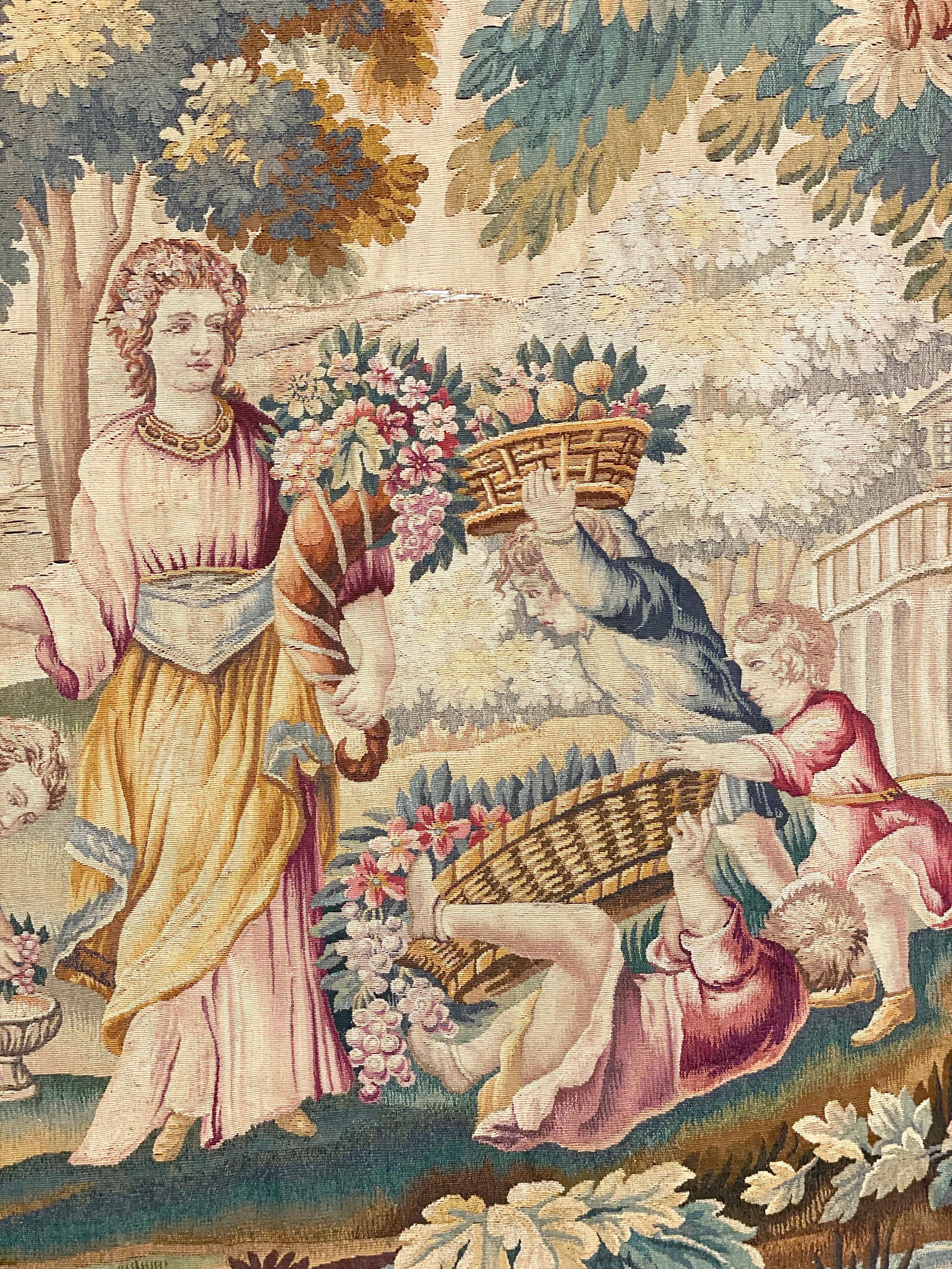 French Aubusson Tapestry, 'Lady and Children Picking Up Fruits' In Good Condition For Sale In LA CIOTAT, FR