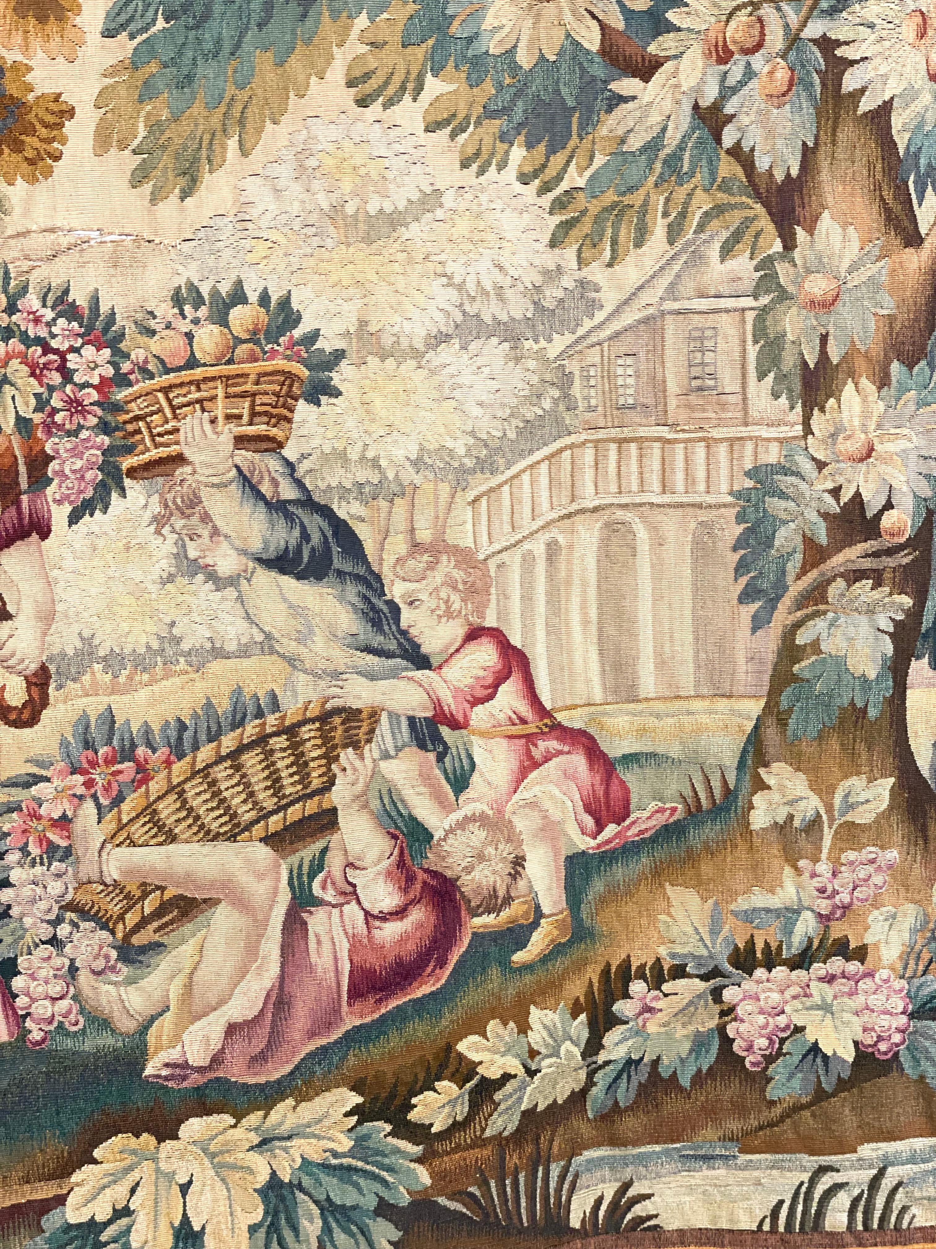 Französischer Aubusson-Wandteppich, „Lady and Children Picking Up Fruits“, Französisch im Angebot 1