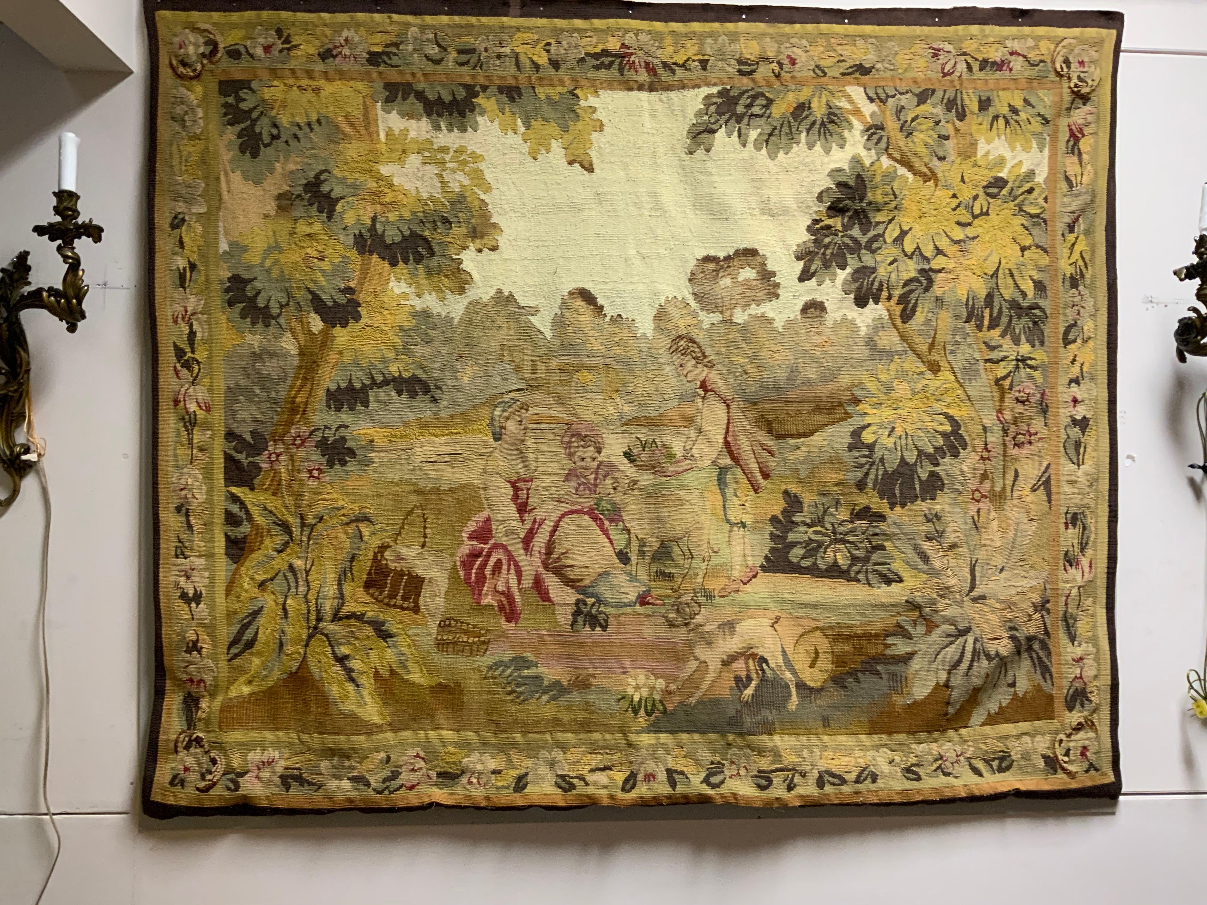 Belle Époque French Aubusson tapestry neoclassical garden scene 19 th century For Sale
