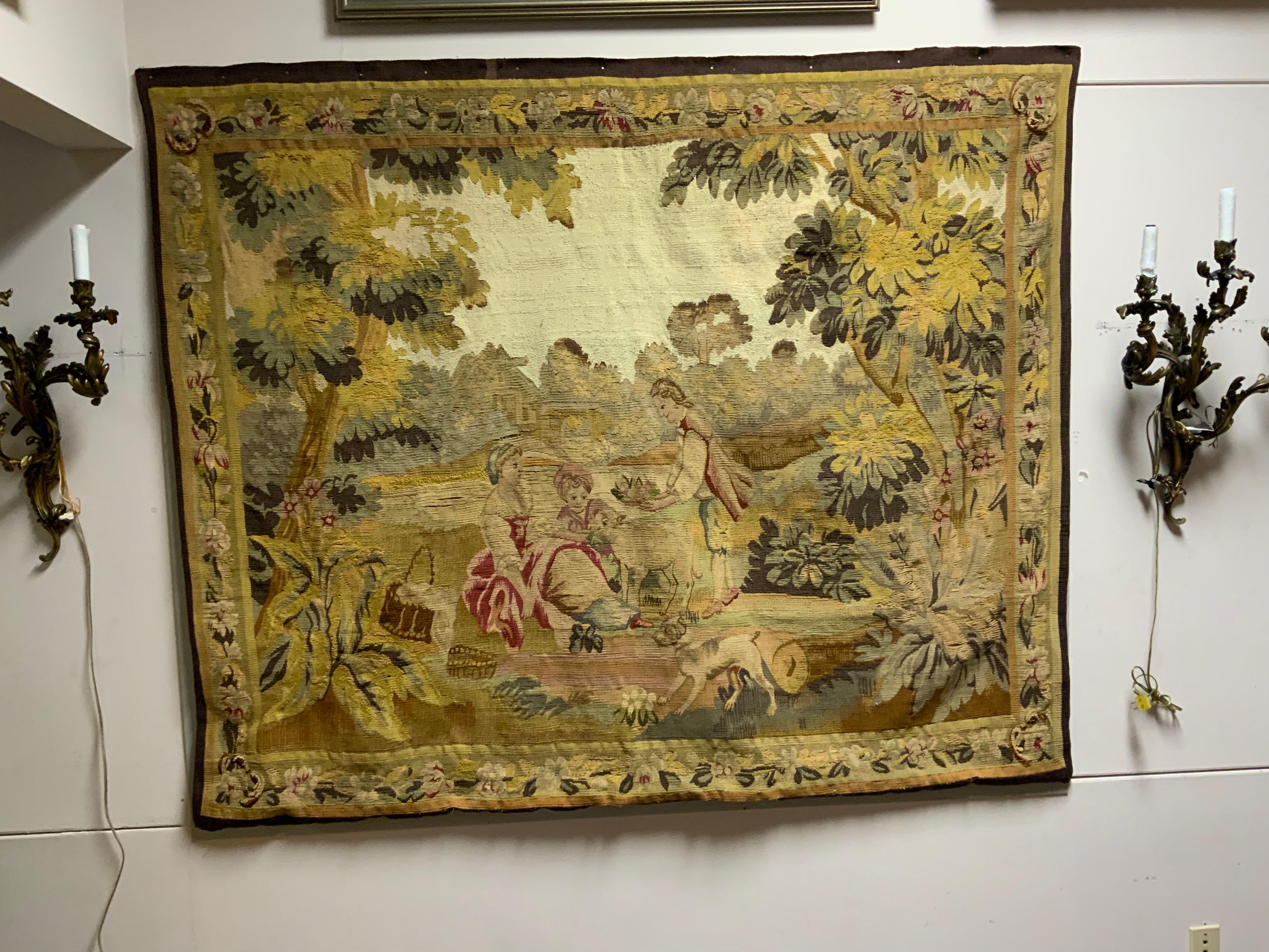French Aubusson tapestry neoclassical garden scene 19 th century For Sale 3