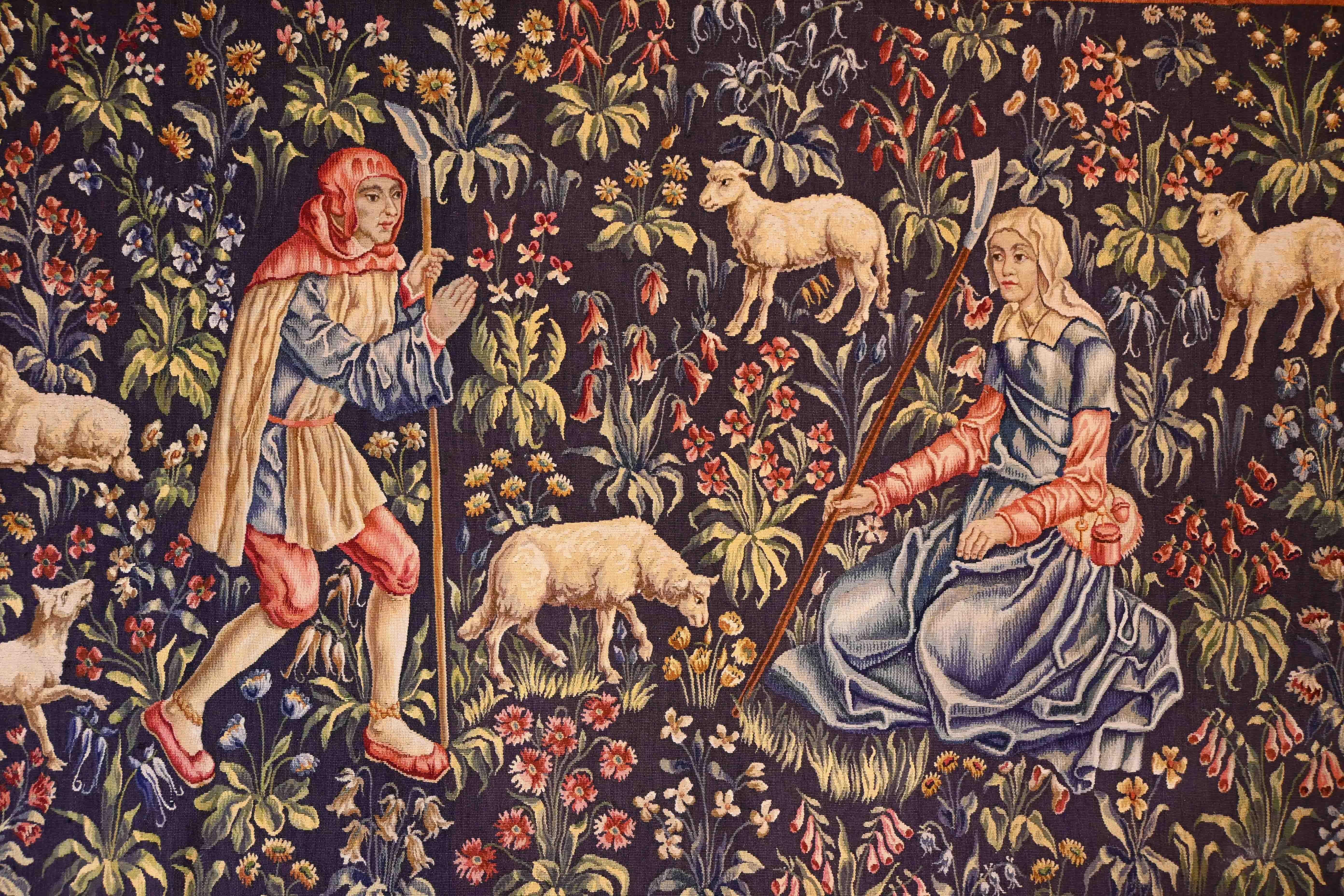 Wool French Aubusson Tapestry signed 19th century - A couple of shepherds - No. 1369 For Sale