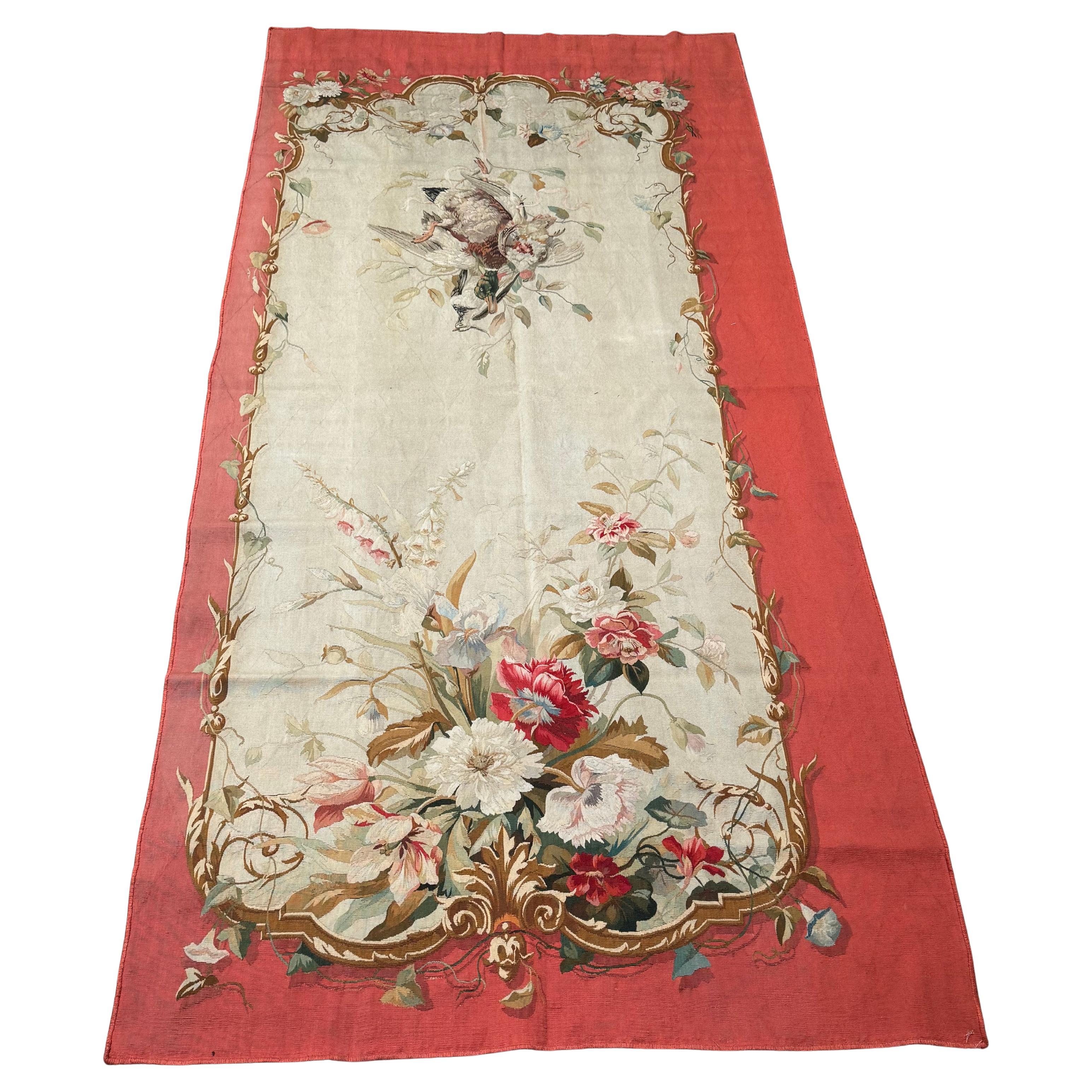 French Aubusson Wool Tapestry with Floral Cartouche and Bird Motif, Circa 1920