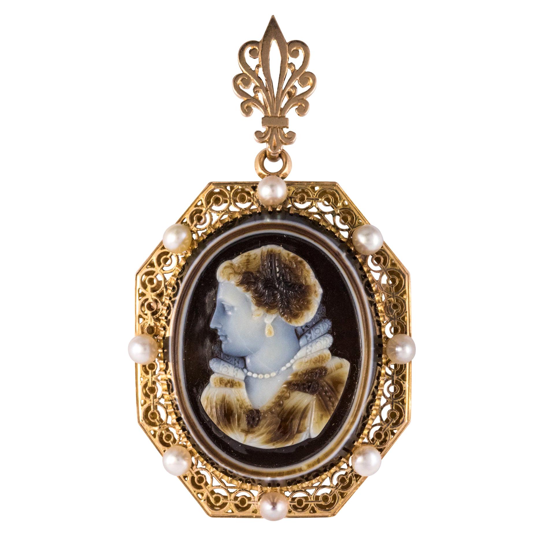 French Aucoc 19th Century Antique Cameo Natural Pearls Locket Pendant Brooch For Sale