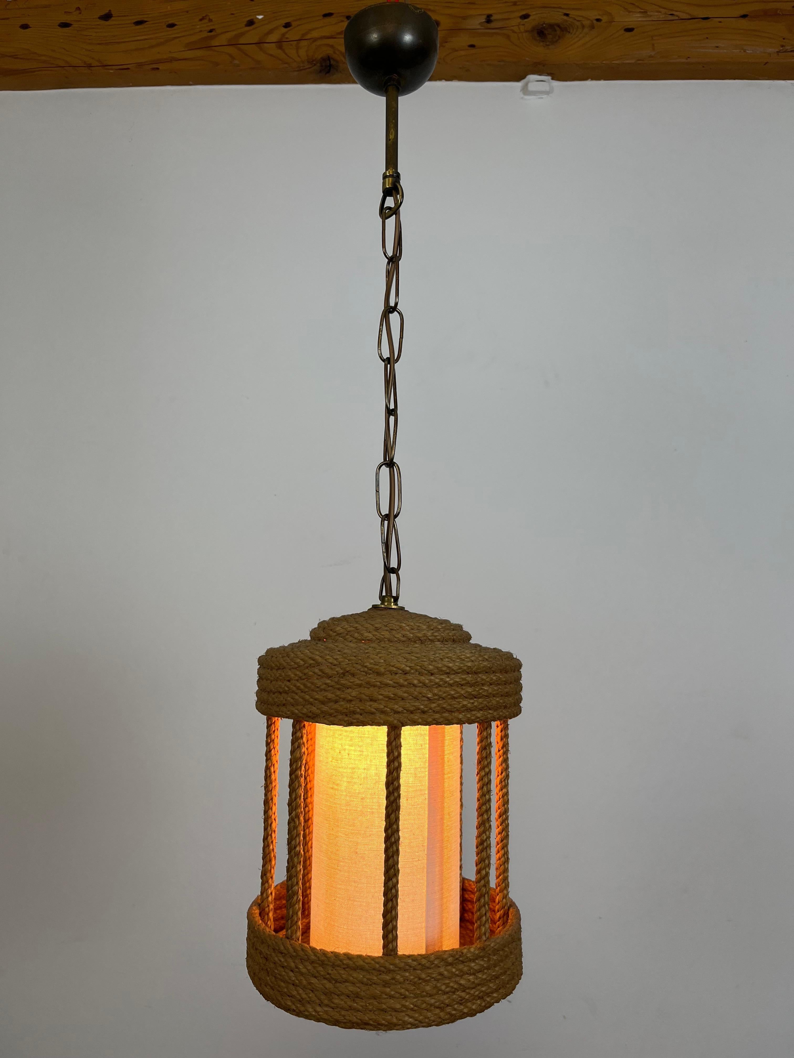 Mid-Century Modern French Audoux Minnet rope lantern chandelier, 1950's For Sale