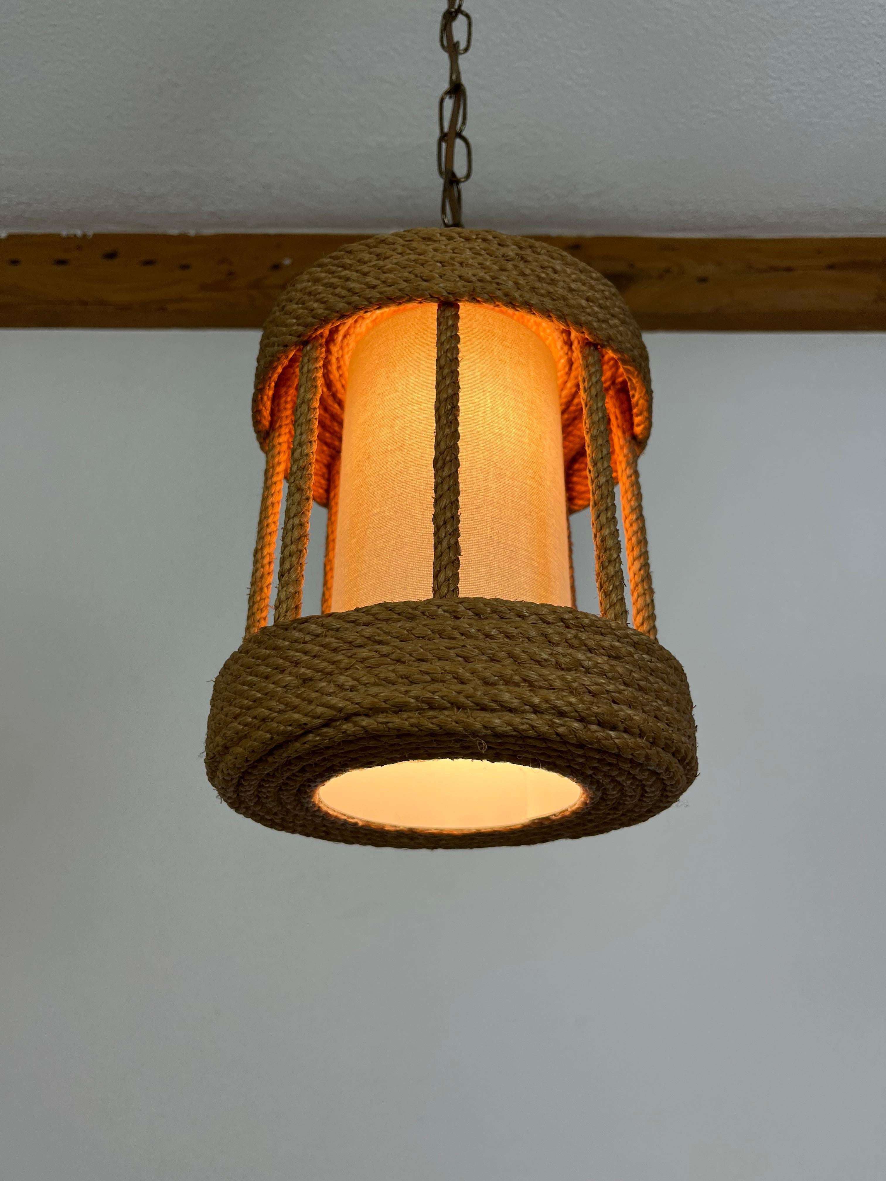 Rope French Audoux Minnet rope lantern chandelier, 1950's For Sale