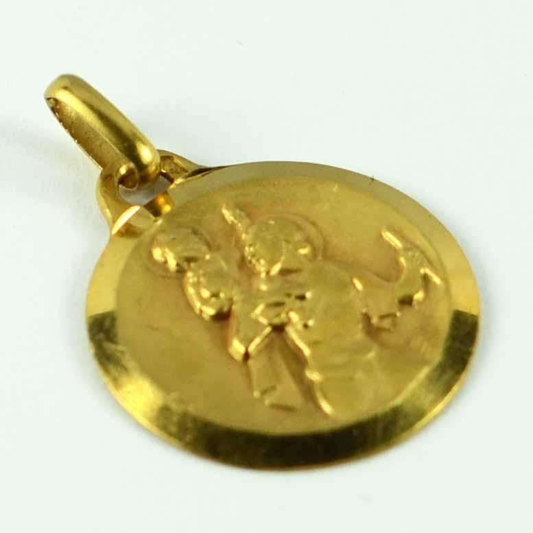 Women's or Men's French Augis 18 Karat Yellow Gold St Christopher Charm Pendant Medal