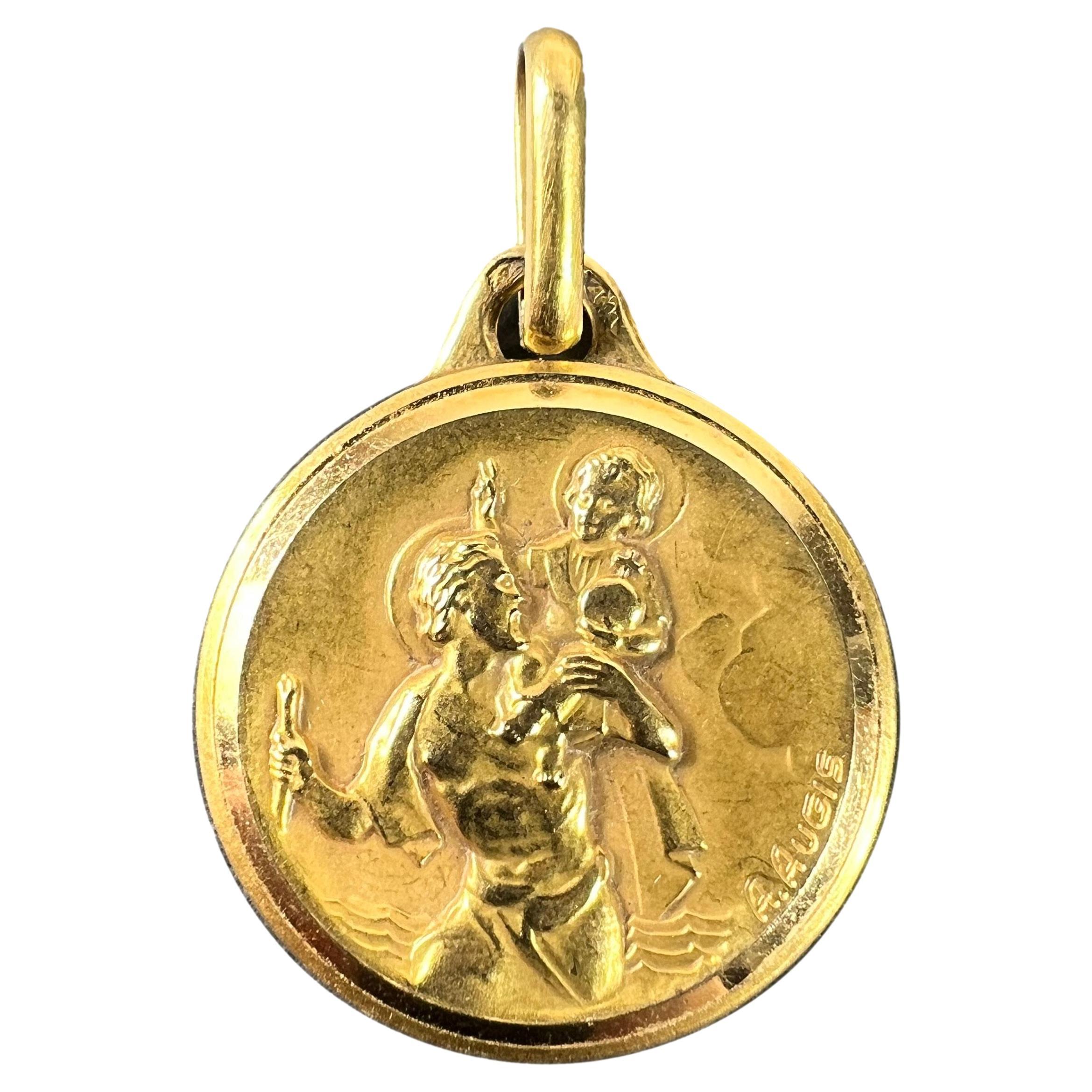French Augis 18K Yellow Gold St Christopher Charm Pendant Medal