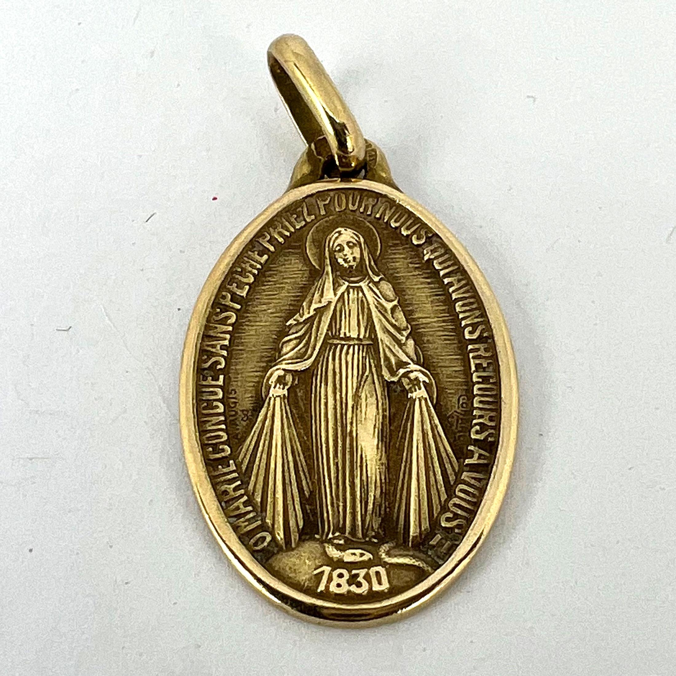 Pendentif français en or jaune 18 carats avec médaille de la Vierge Marie Miraculous 9