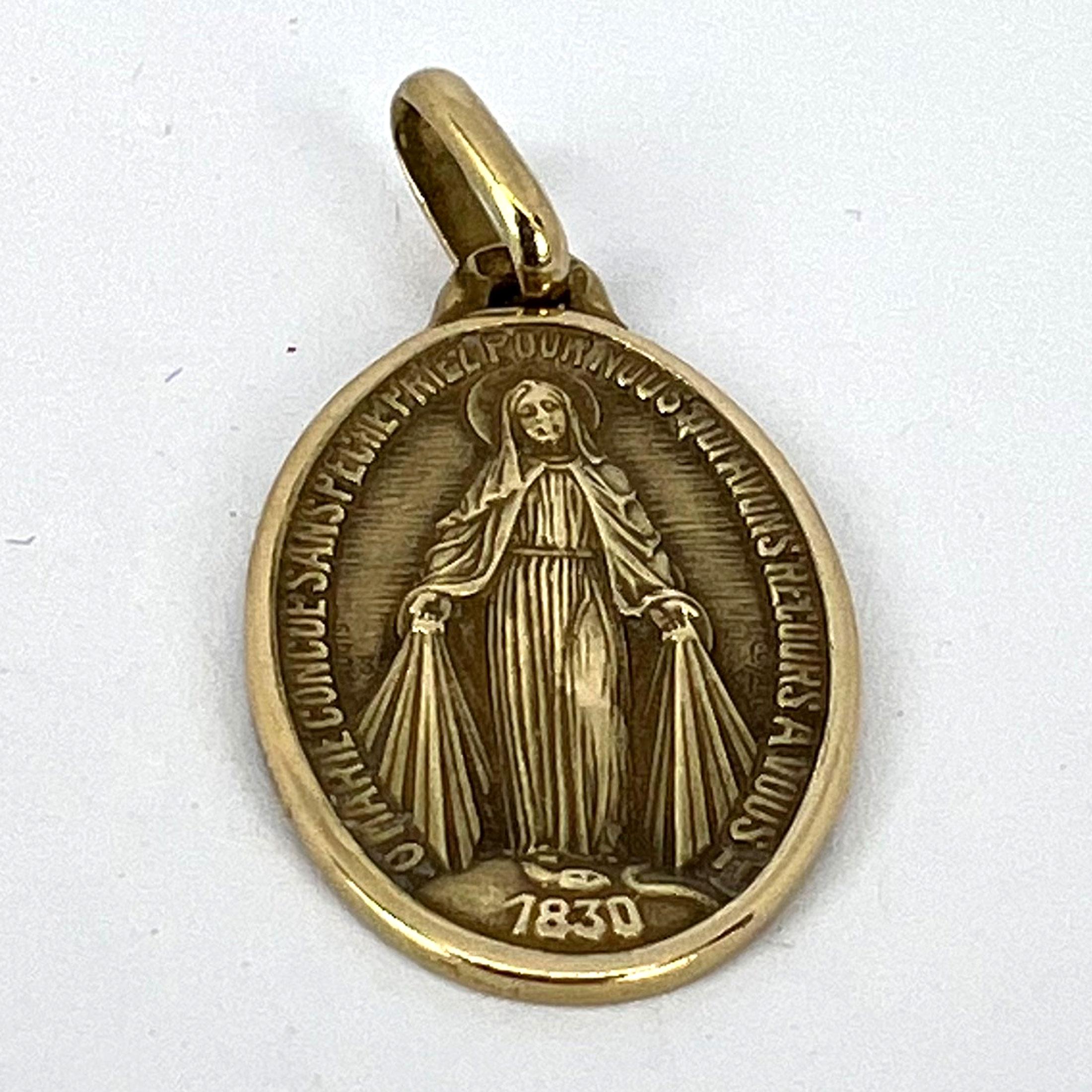 Pendentif français en or jaune 18 carats avec médaille de la Vierge Marie Miraculous 10