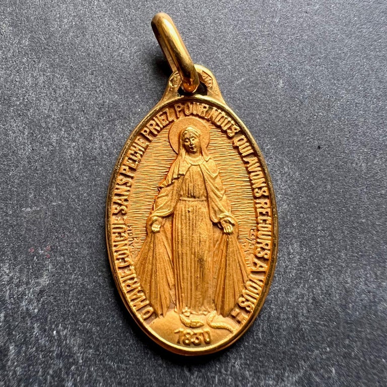 French Augis 18K Yellow Gold Virgin Mary Miraculous Medal Charm Pendant ...