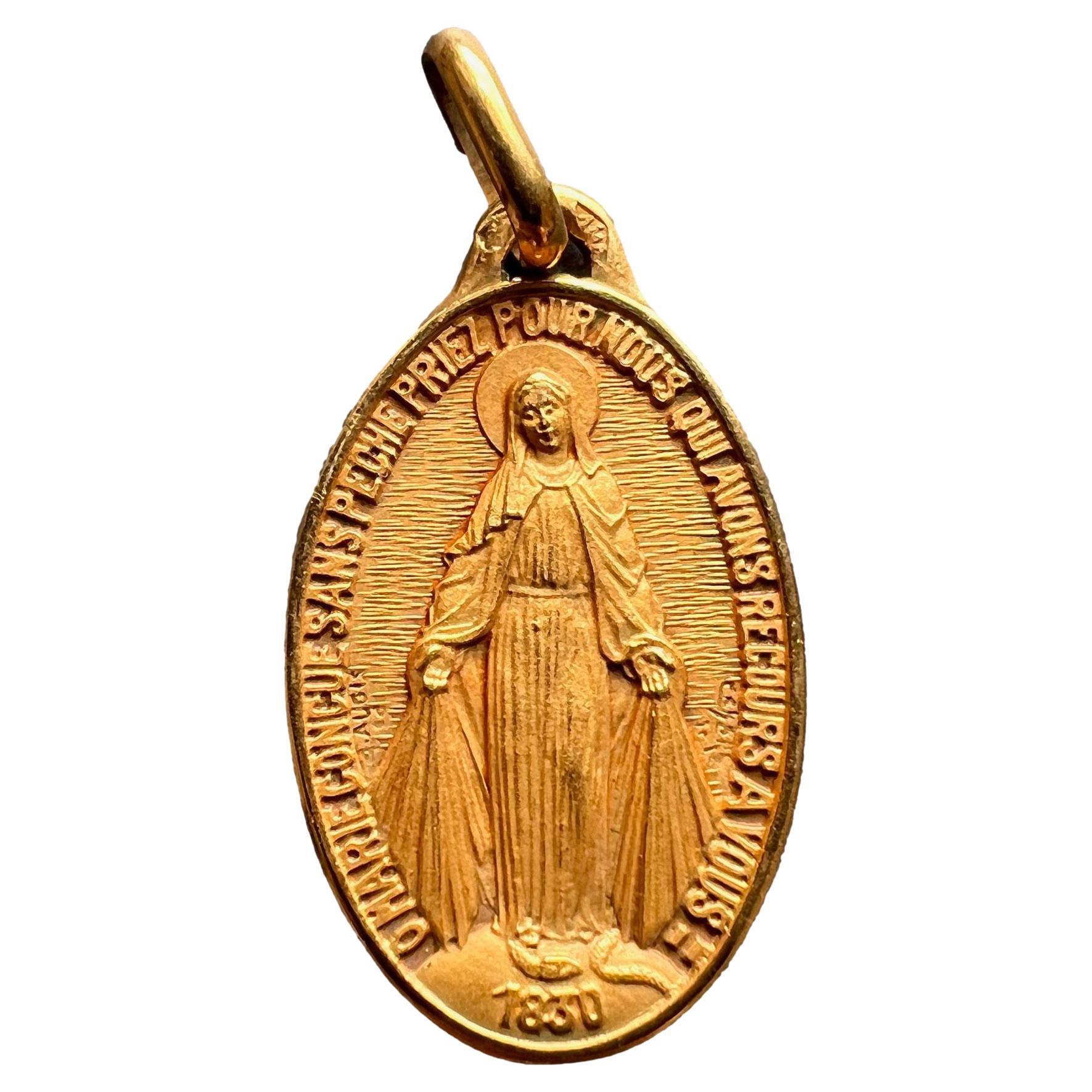 French Augis 18K Yellow Gold Virgin Mary Miraculous Medal Charm Pendant