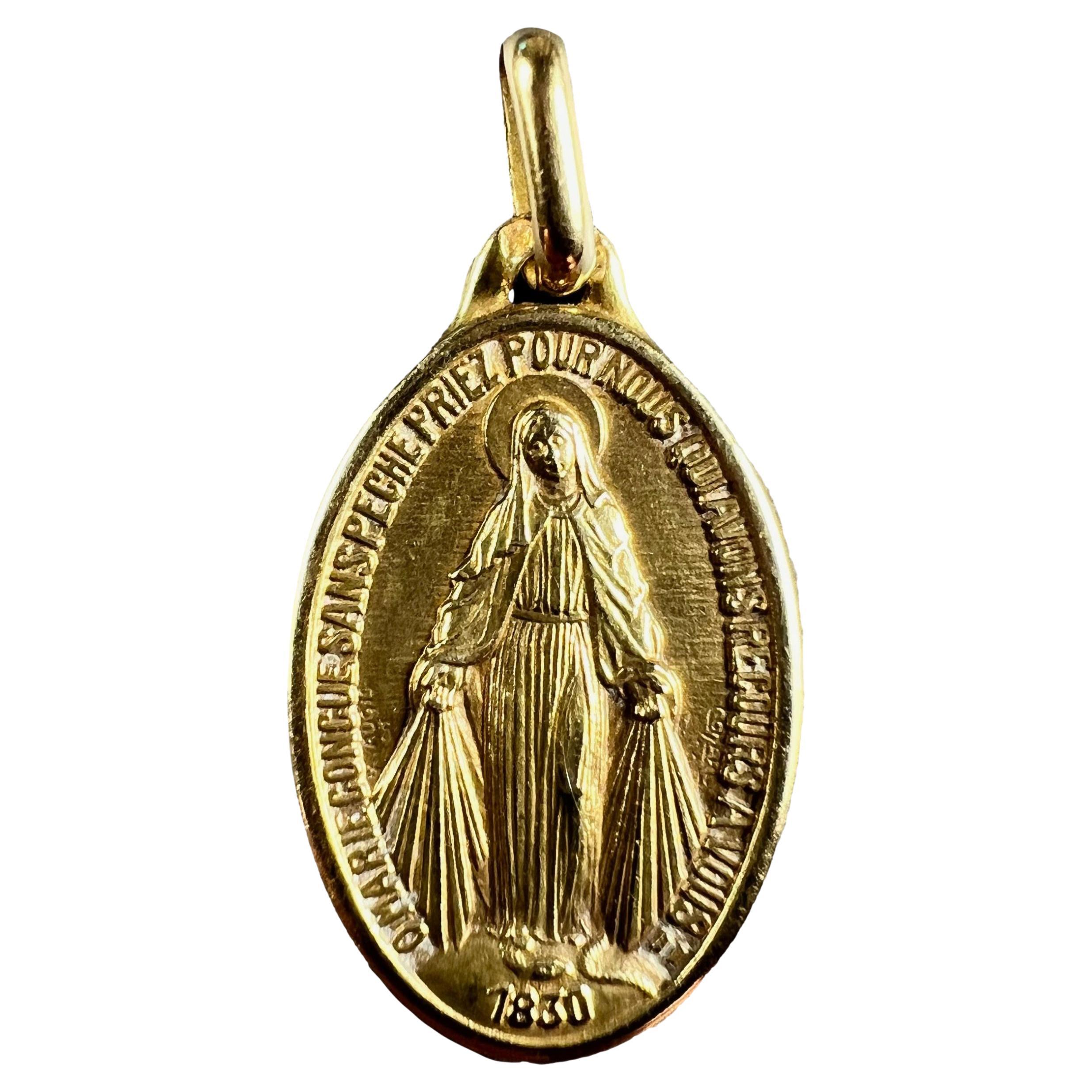 French Augis 18K Yellow Gold Virgin Mary Miraculous Medal Charm Pendant For Sale
