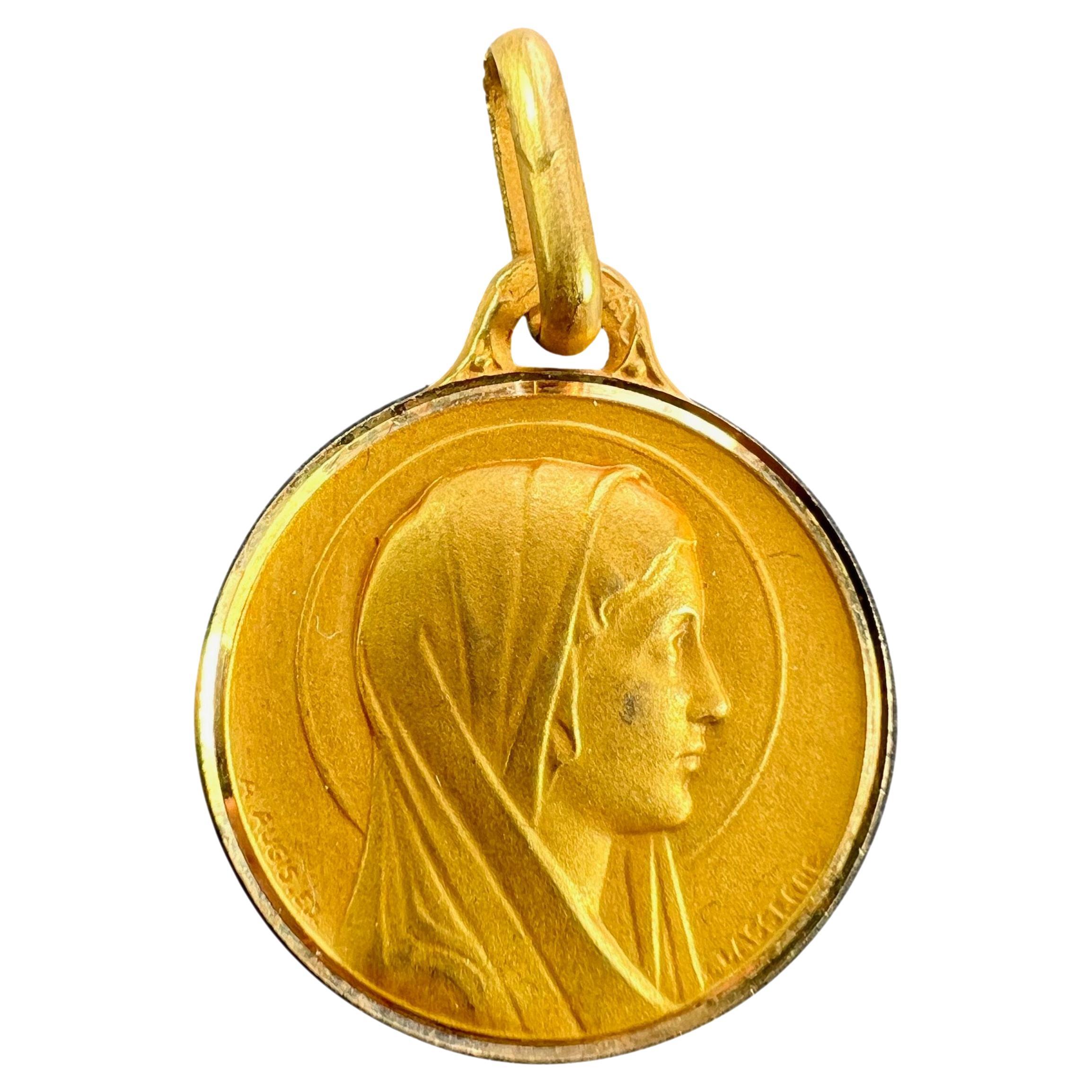 French Augis Lasserre Virgin Mary 18K Yellow Gold Medal Pendant For Sale