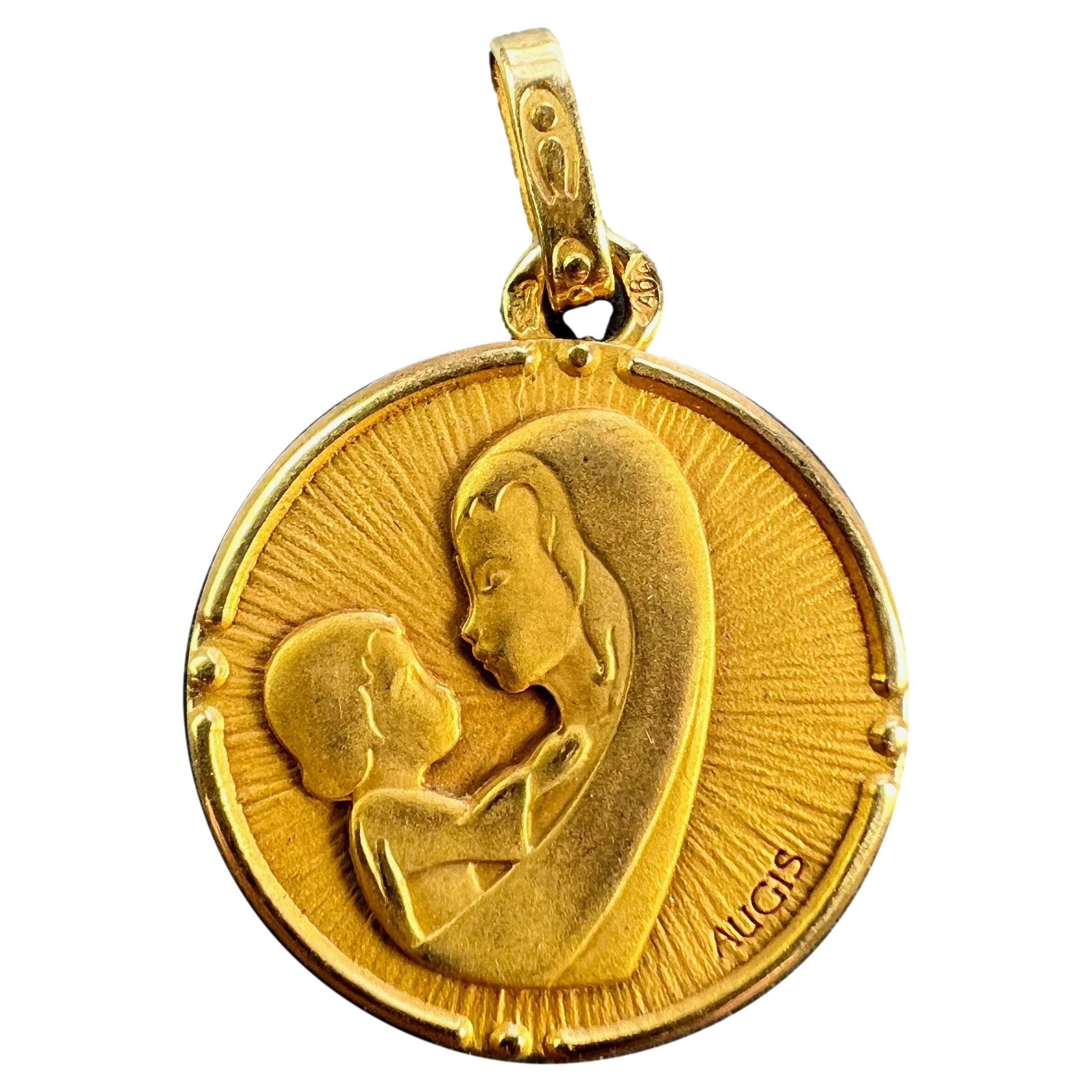 Französisch Augis Madonna und Kind 18K Gelb Gold Medal Anhänger im Angebot