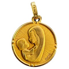 Vintage French Augis Madonna and Child 18K Yellow Gold Medal Pendant