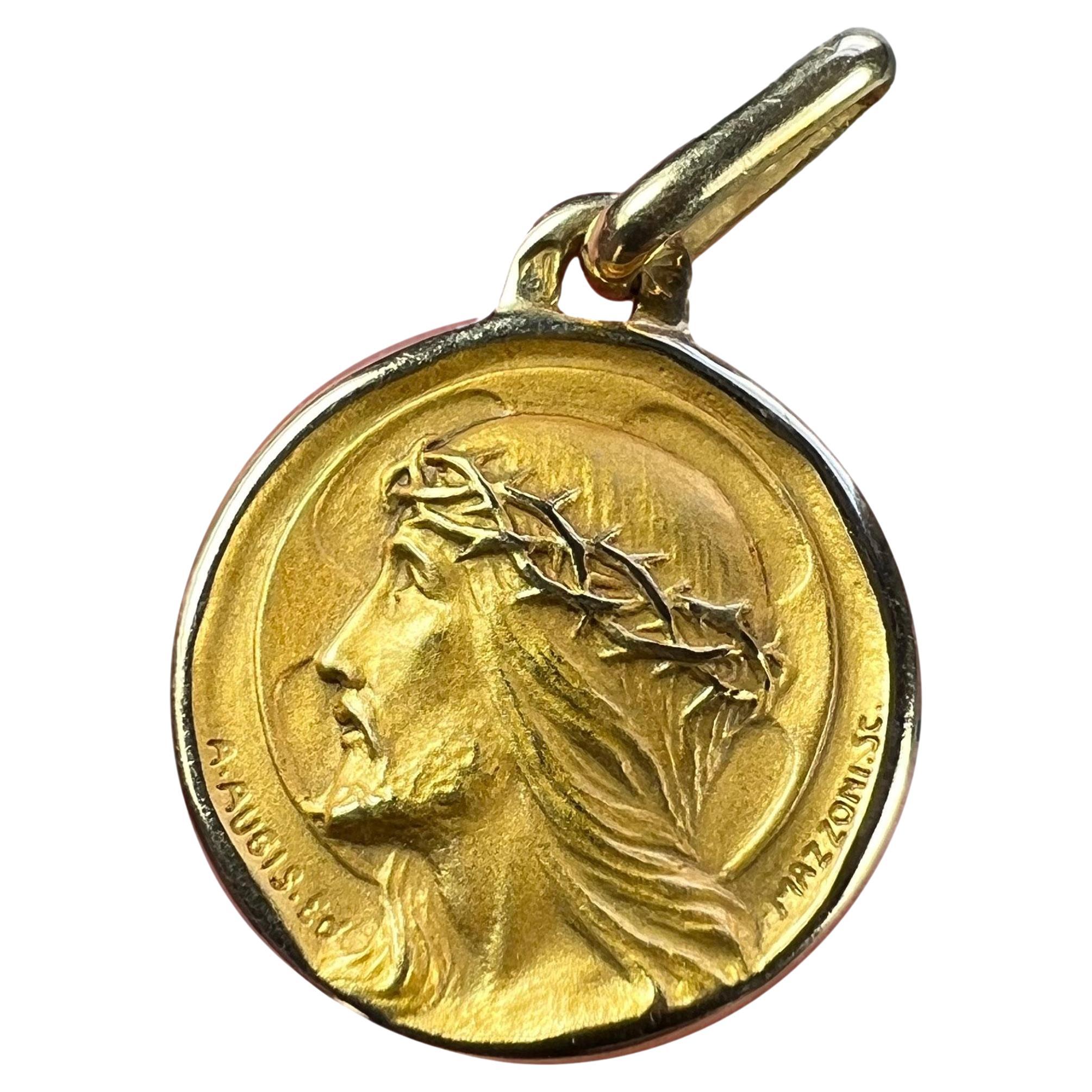 Français A Augis Mazzoni Jésus-Christ Couronne d'épines  Pendentif Gold Medal en or jaune 18K