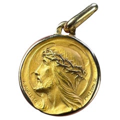 French Augis Mazzoni Jesus Christ Crown of Thorns  18K Yellow Gold Medal Pendant