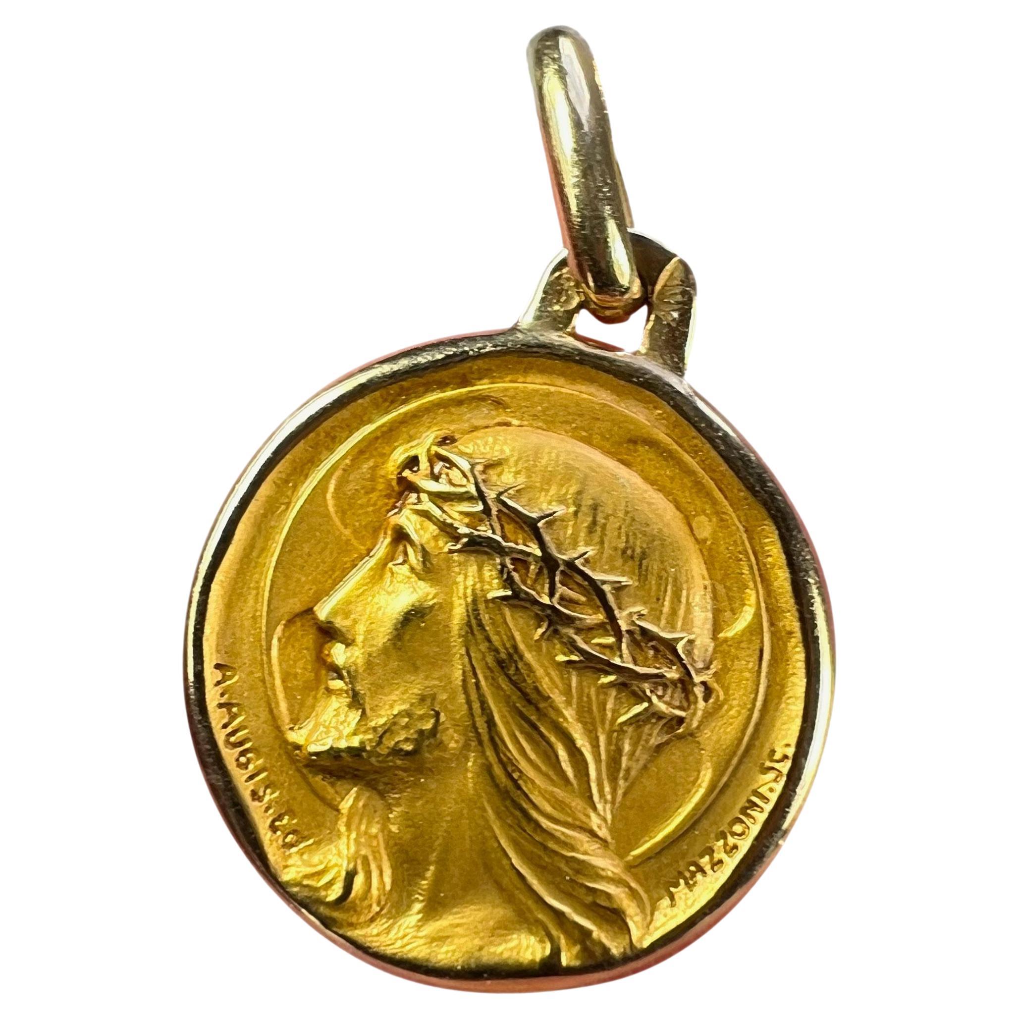 Französisch A. Augis Mazzoni Jesus Christus Dornenkrone  18K Gelbgold Gold Medal Anhänger im Angebot