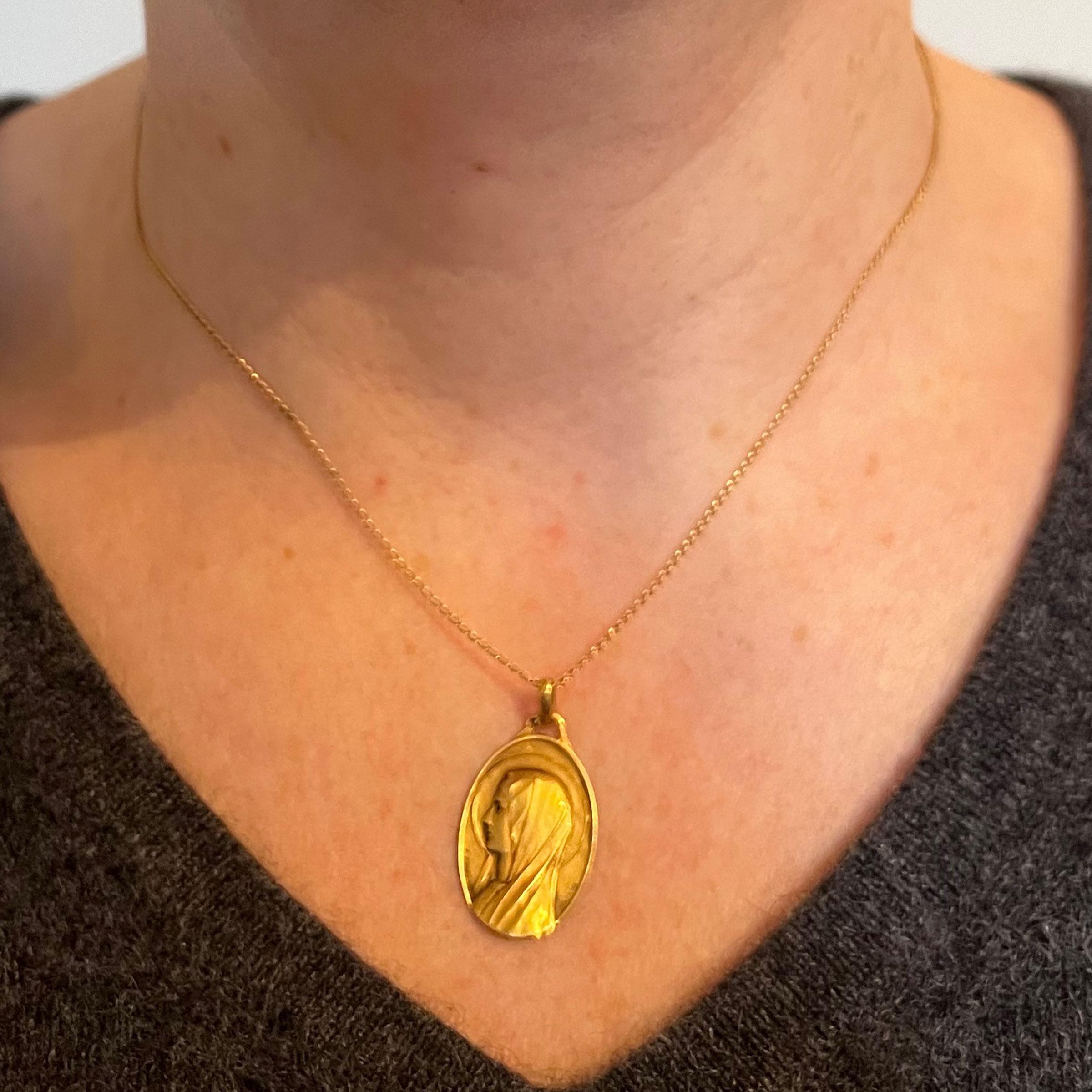 Women's French Augis Mazzoni Virgin Mary 18K Yellow Gold Pendant For Sale