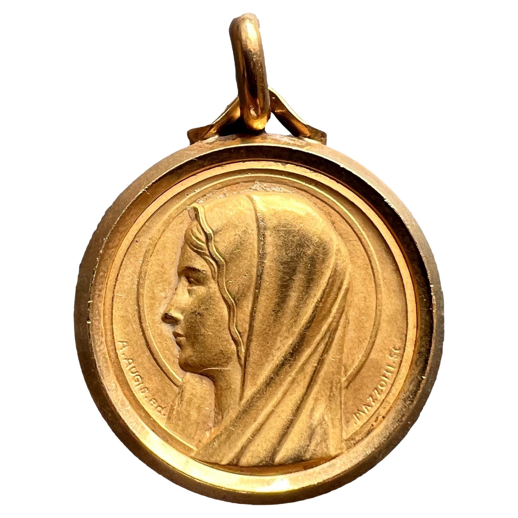 French Augis Mazzoni Virgin Mary 18K Yellow Gold Pendant For Sale