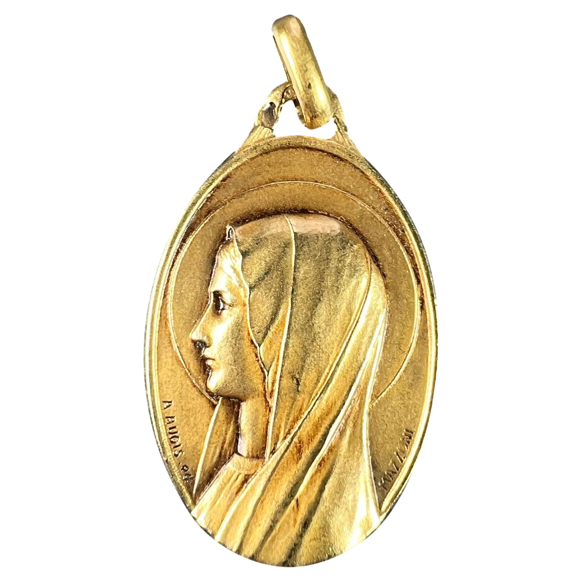 French Augis Mazzoni Virgin Mary 18K Yellow Gold Pendant For Sale