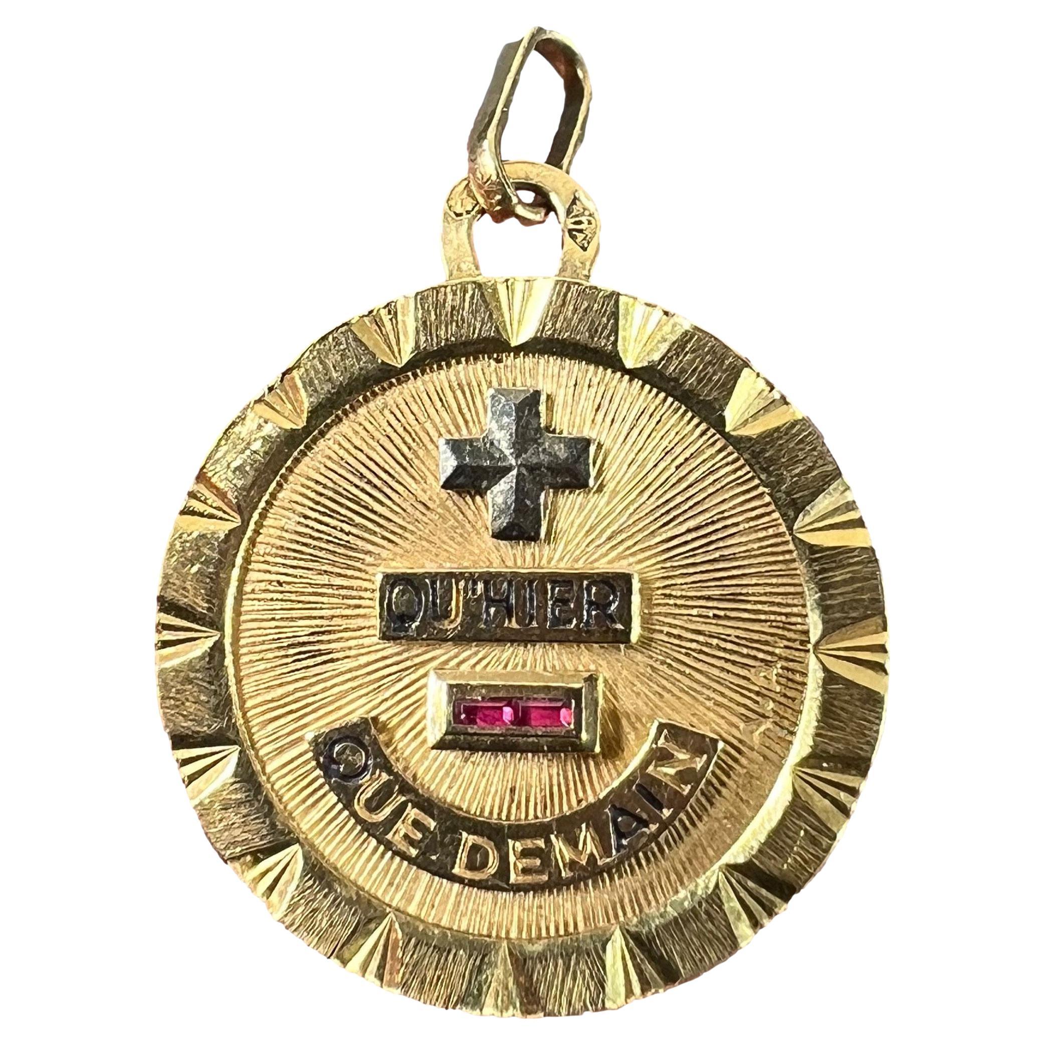 French Augis Plus Qu’Hier 18K Yellow White Gold Enamel Ruby Love Pendant