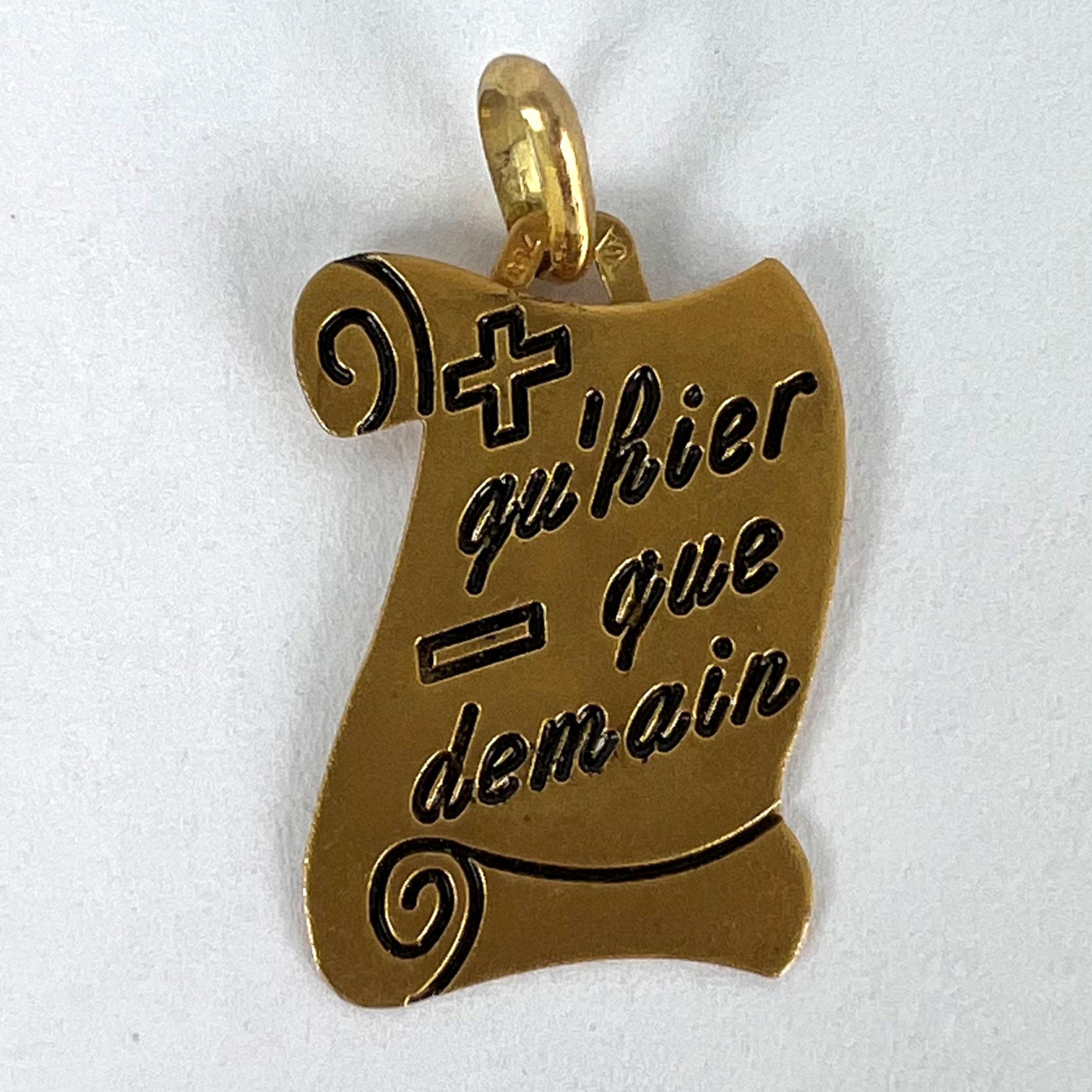 French Augis Plus Qu’Hier Scroll 18K Yellow Gold Enamel Love Charm Pendant For Sale 7