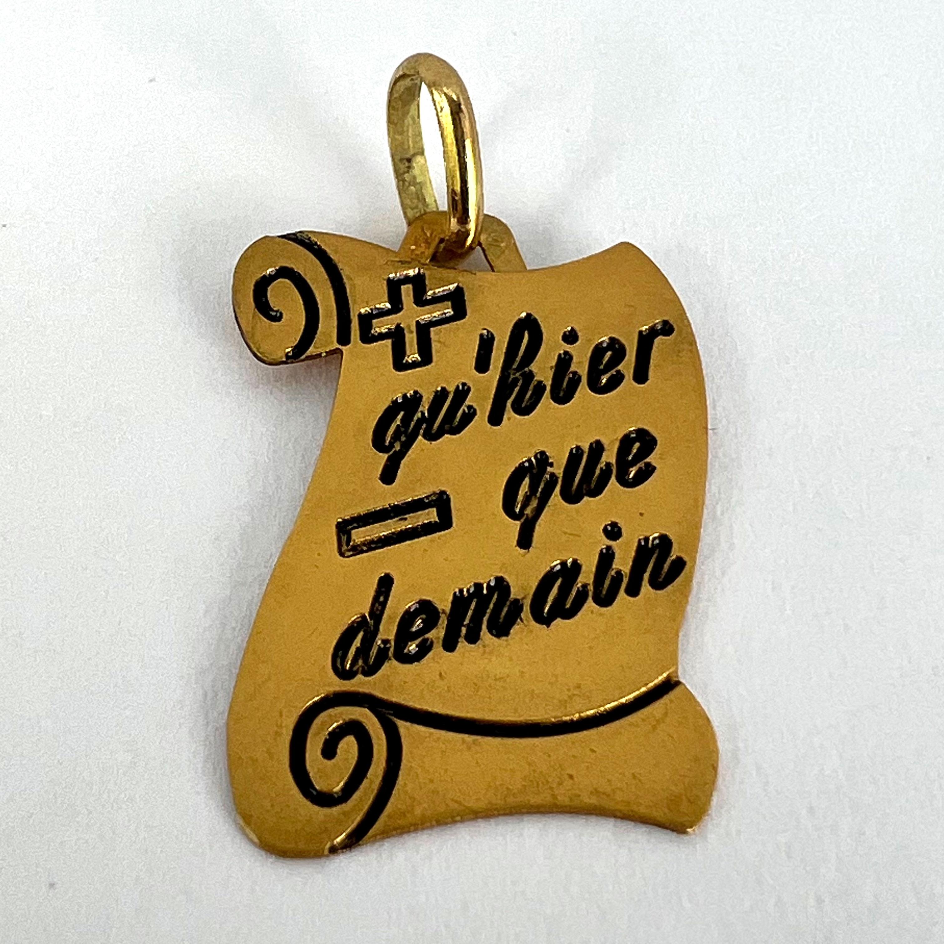 French Augis Plus Qu’Hier Scroll 18K Yellow Gold Enamel Love Charm Pendant For Sale 8