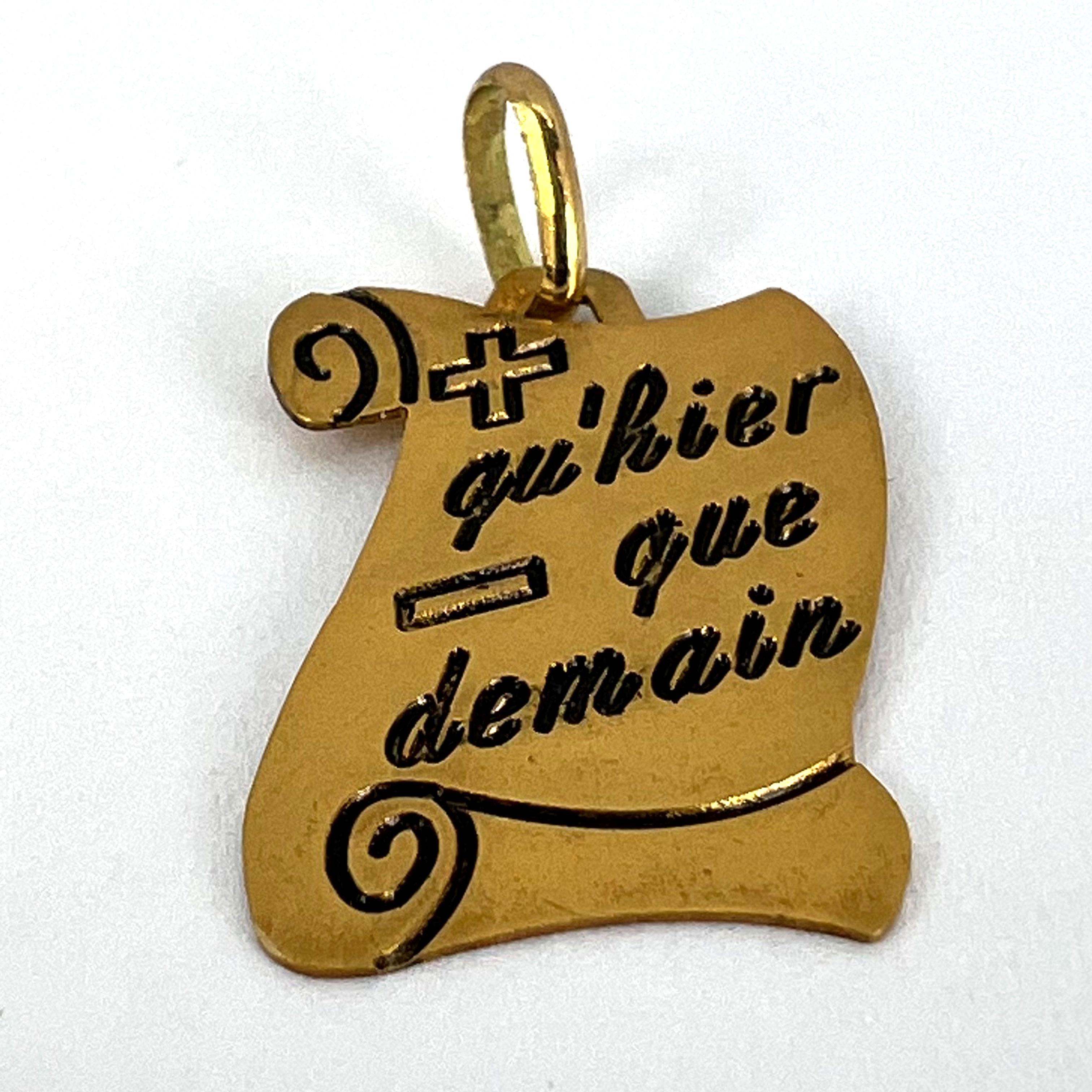 French Augis Plus Qu’Hier Scroll 18K Yellow Gold Enamel Love Charm Pendant For Sale 9