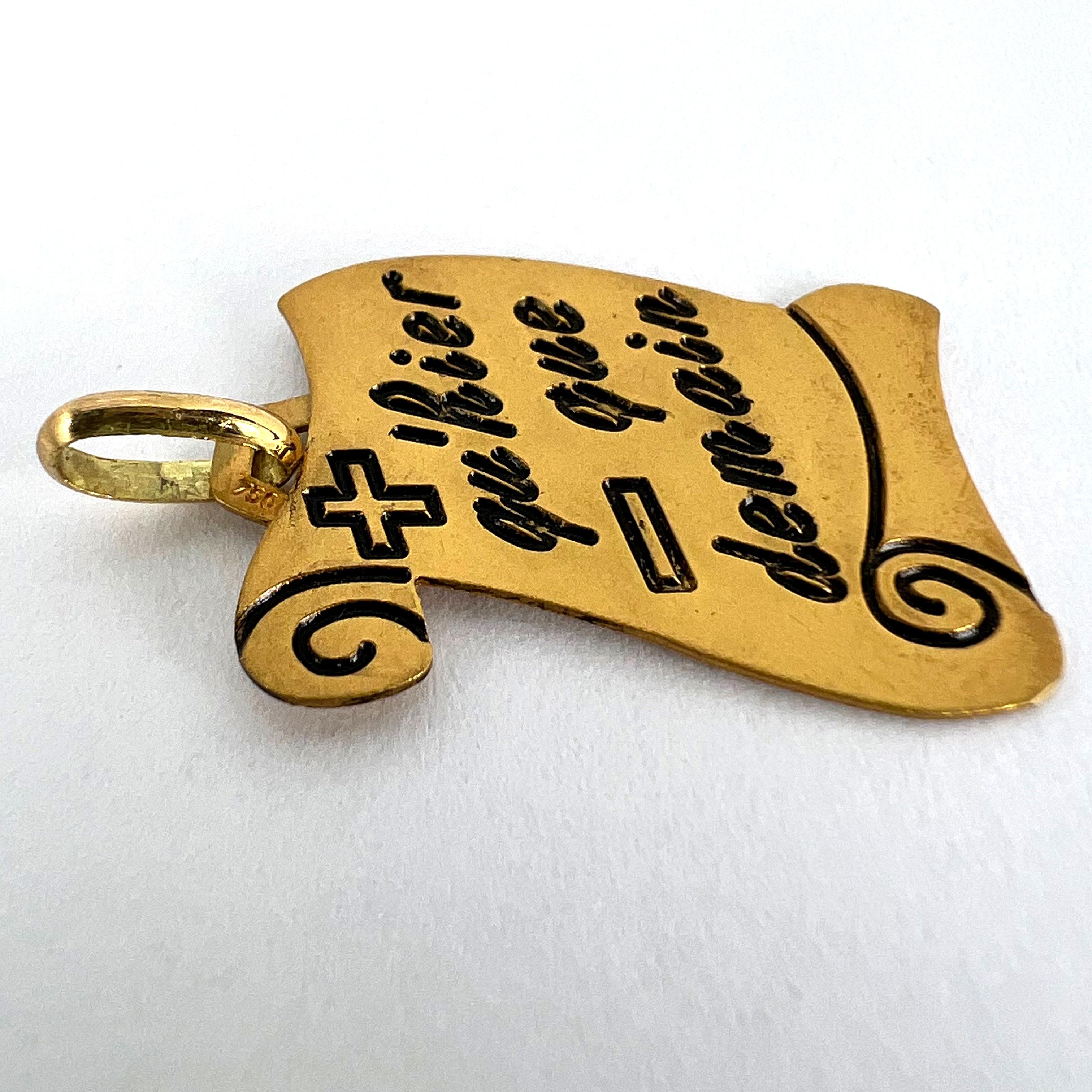 French Augis Plus Qu’Hier Scroll 18K Yellow Gold Enamel Love Charm Pendant For Sale 10