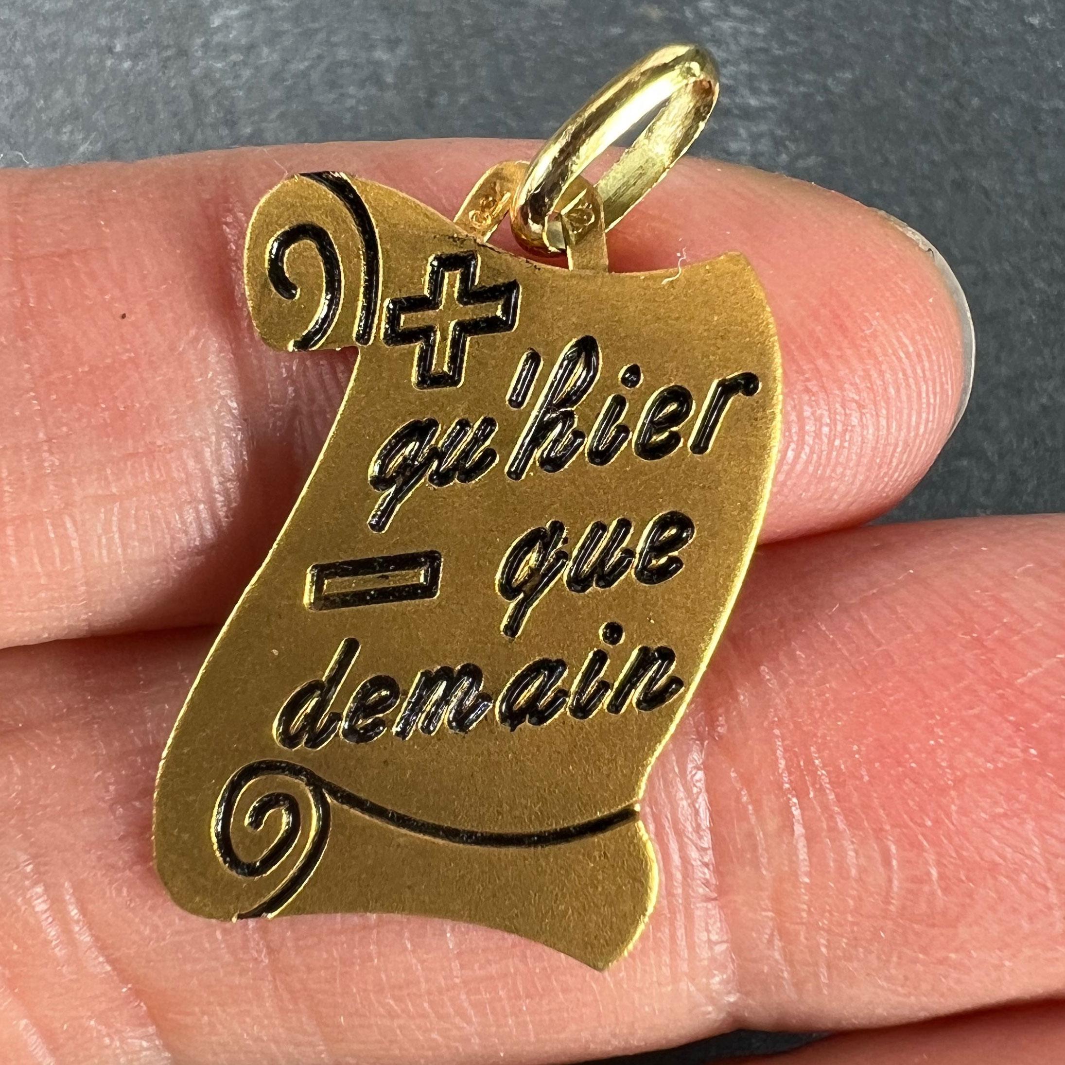 French Augis Plus Qu’Hier Scroll 18K Yellow Gold Enamel Love Charm Pendant For Sale 1