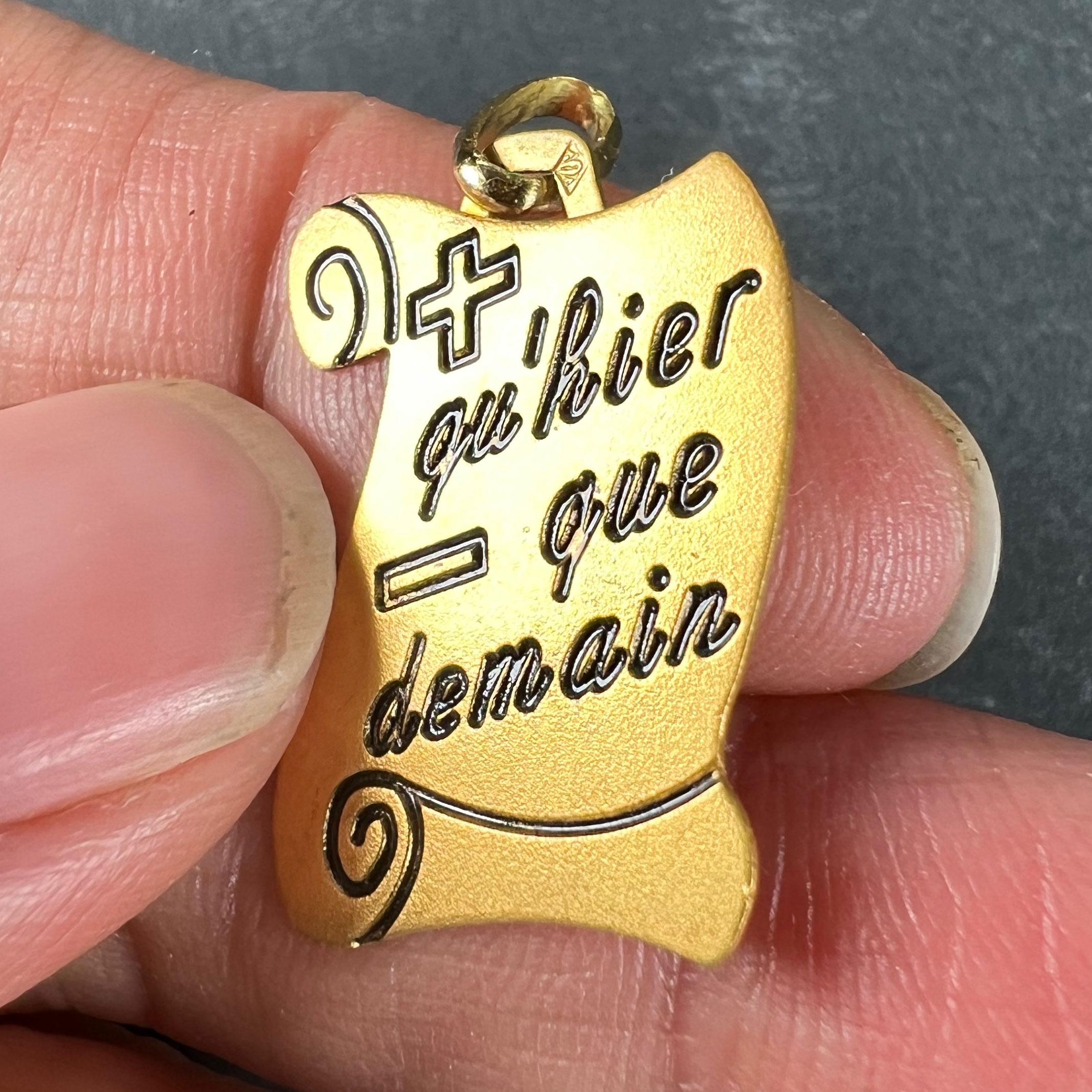 French Augis Plus Qu’Hier Scroll 18K Yellow Gold Enamel Love Charm Pendant For Sale 2