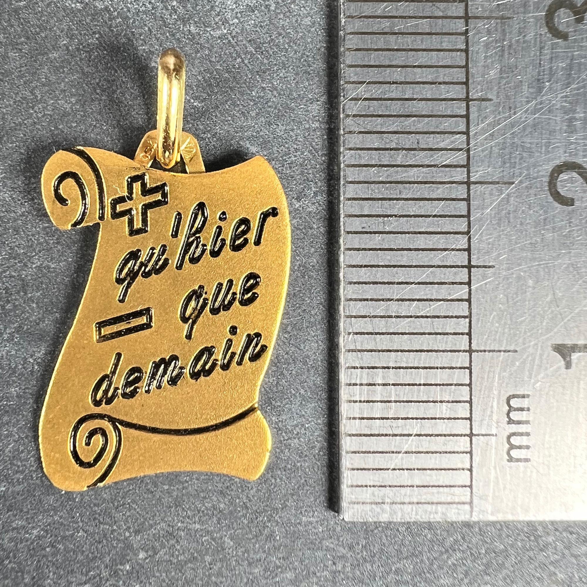 French Augis Plus Qu’Hier Scroll 18K Yellow Gold Enamel Love Charm Pendant For Sale 5