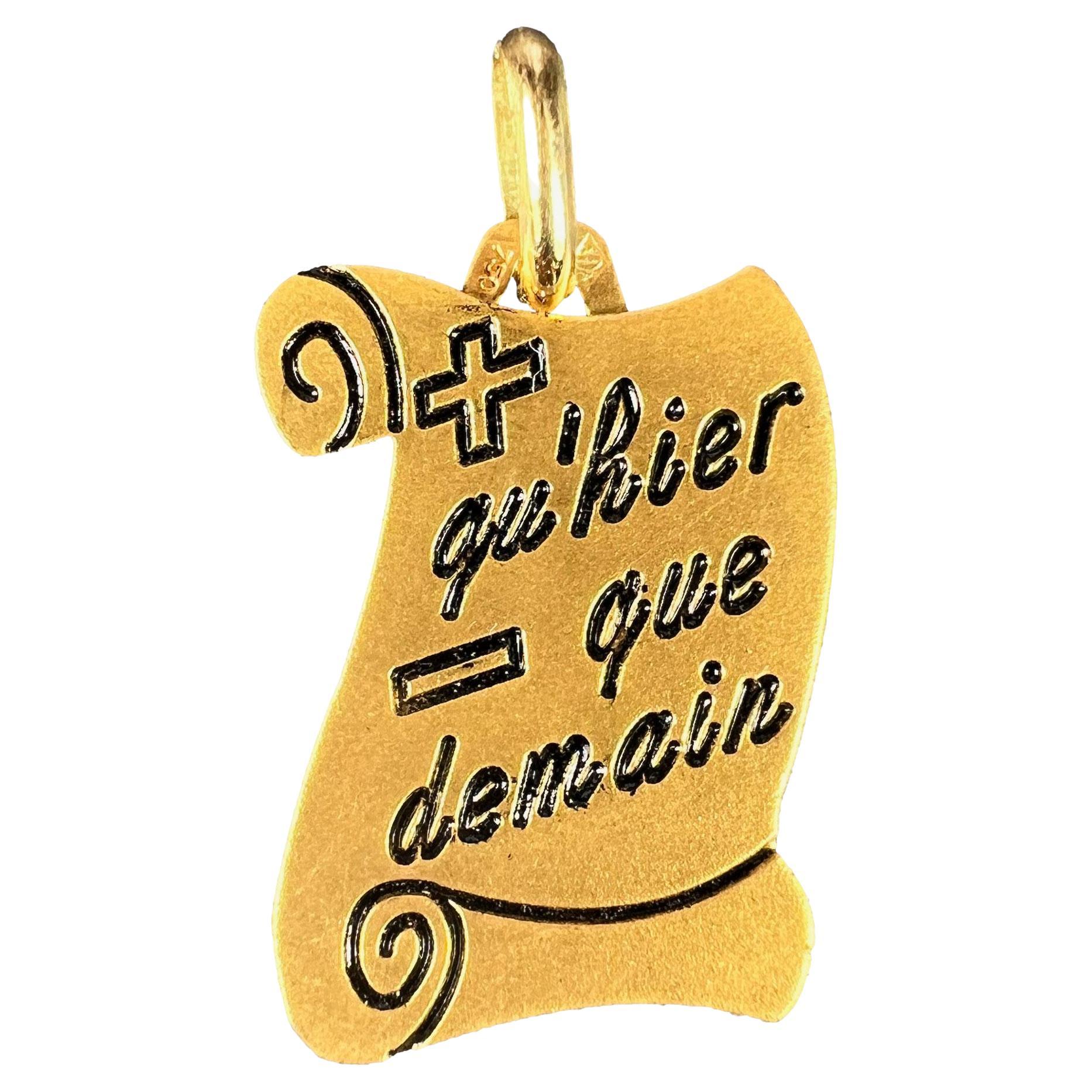 French Augis Plus Qu’Hier Scroll 18K Yellow Gold Enamel Love Charm Pendant For Sale