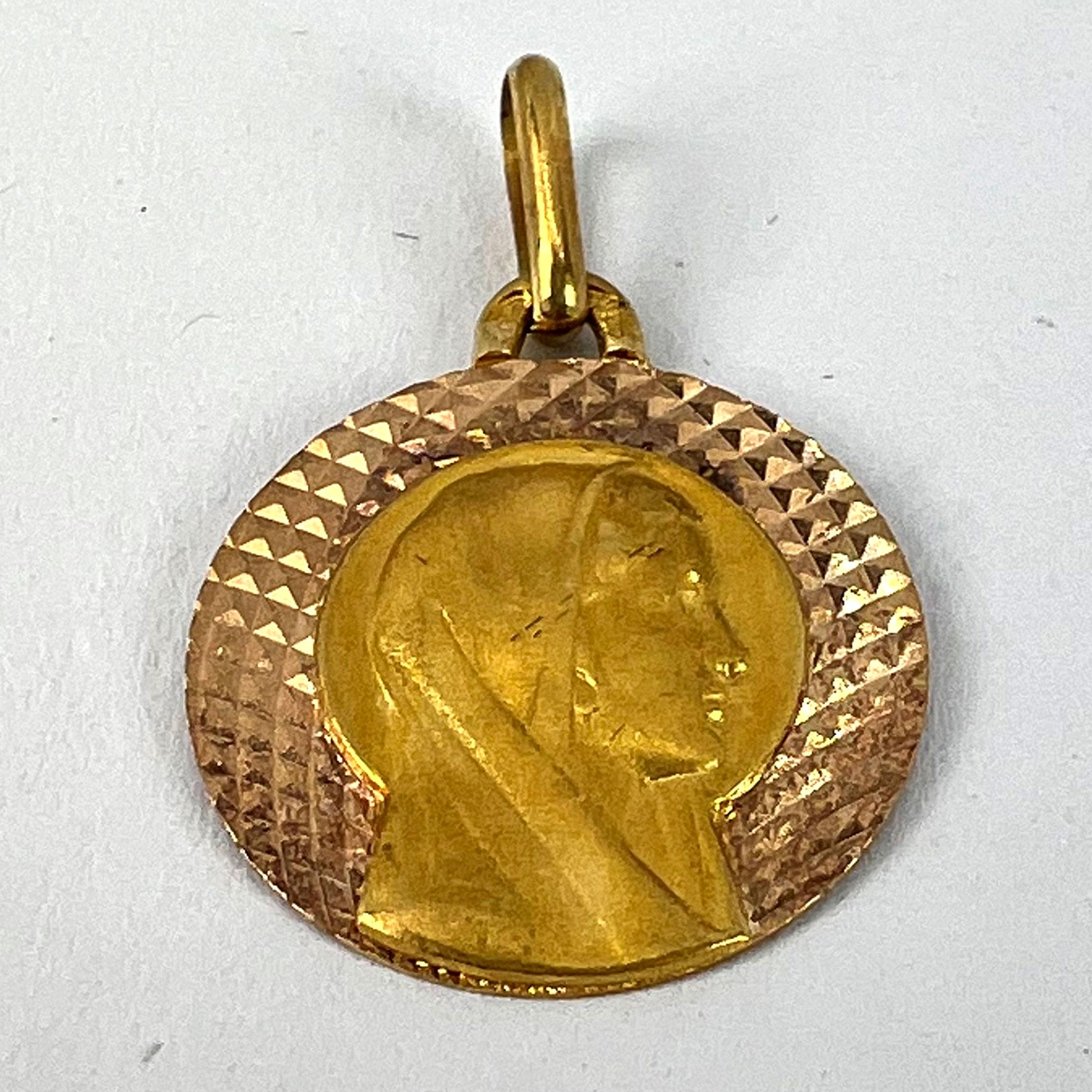 French Augis Religious Virgin Mary 18K Yellow Rose Gold Medal Pendant For Sale 8