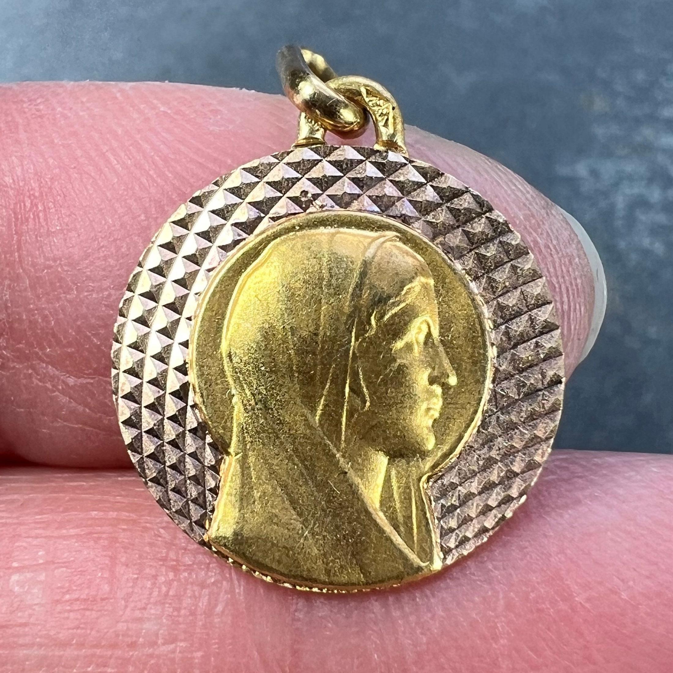 French Augis Religious Virgin Mary 18K Yellow Rose Gold Medal Pendant For Sale 1