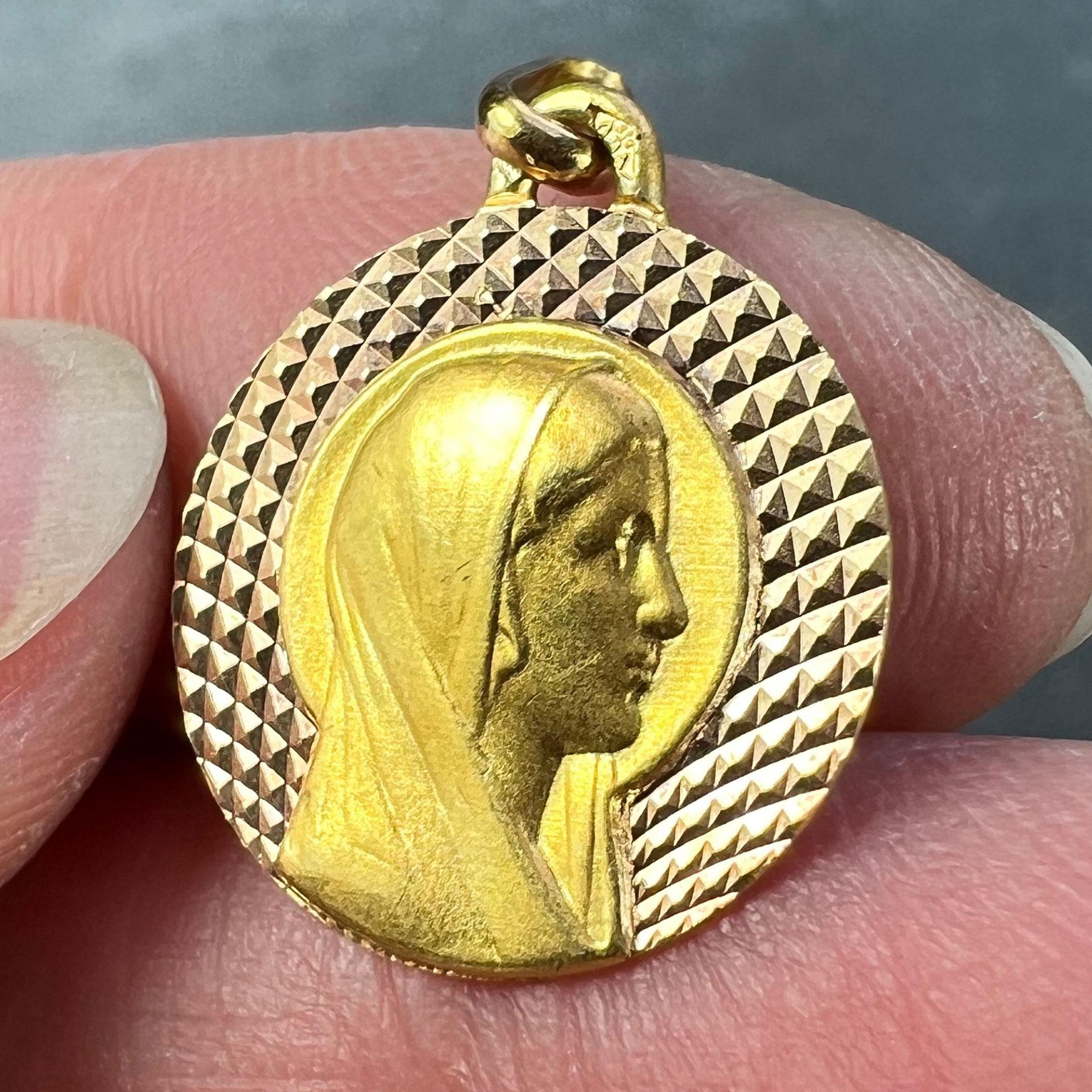 French Augis Religious Virgin Mary 18K Yellow Rose Gold Medal Pendant For Sale 2