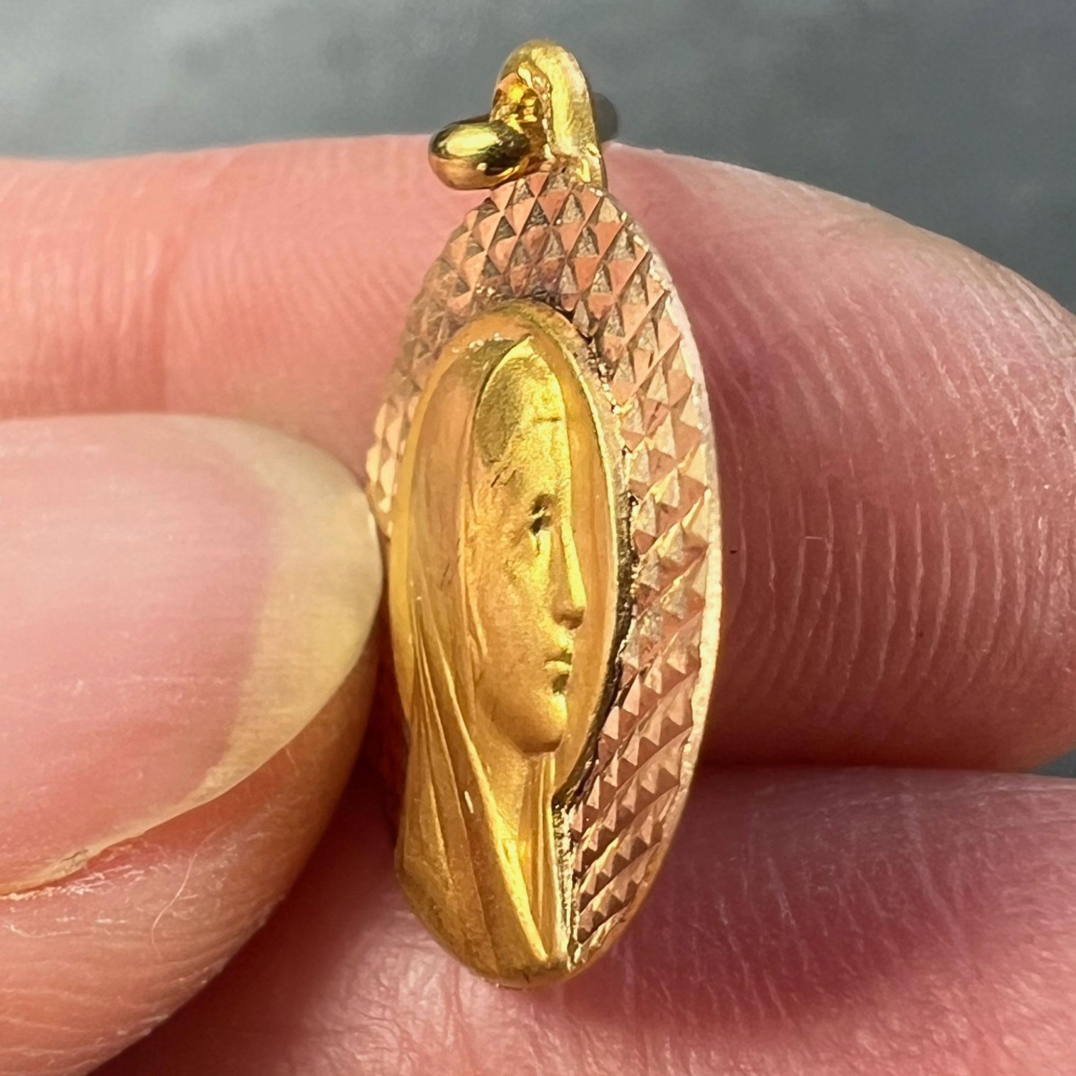 French Augis Religious Virgin Mary 18K Yellow Rose Gold Medal Pendant For Sale 3