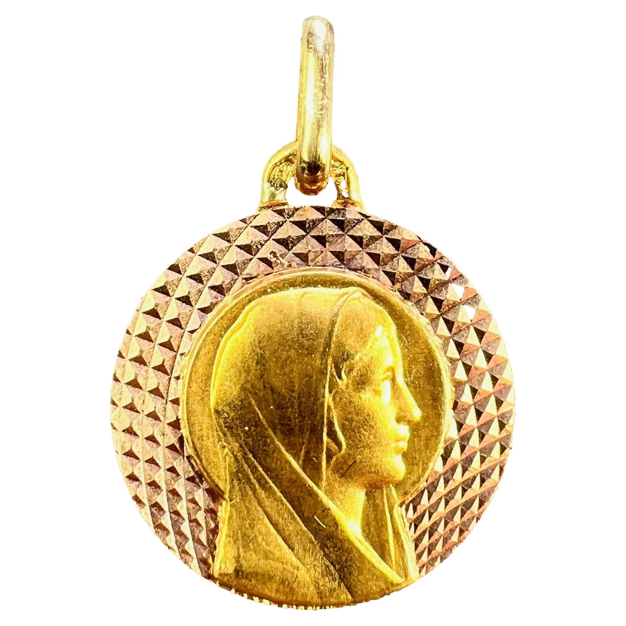 French Augis Religious Virgin Mary 18K Yellow Rose Gold Medal Pendant For Sale