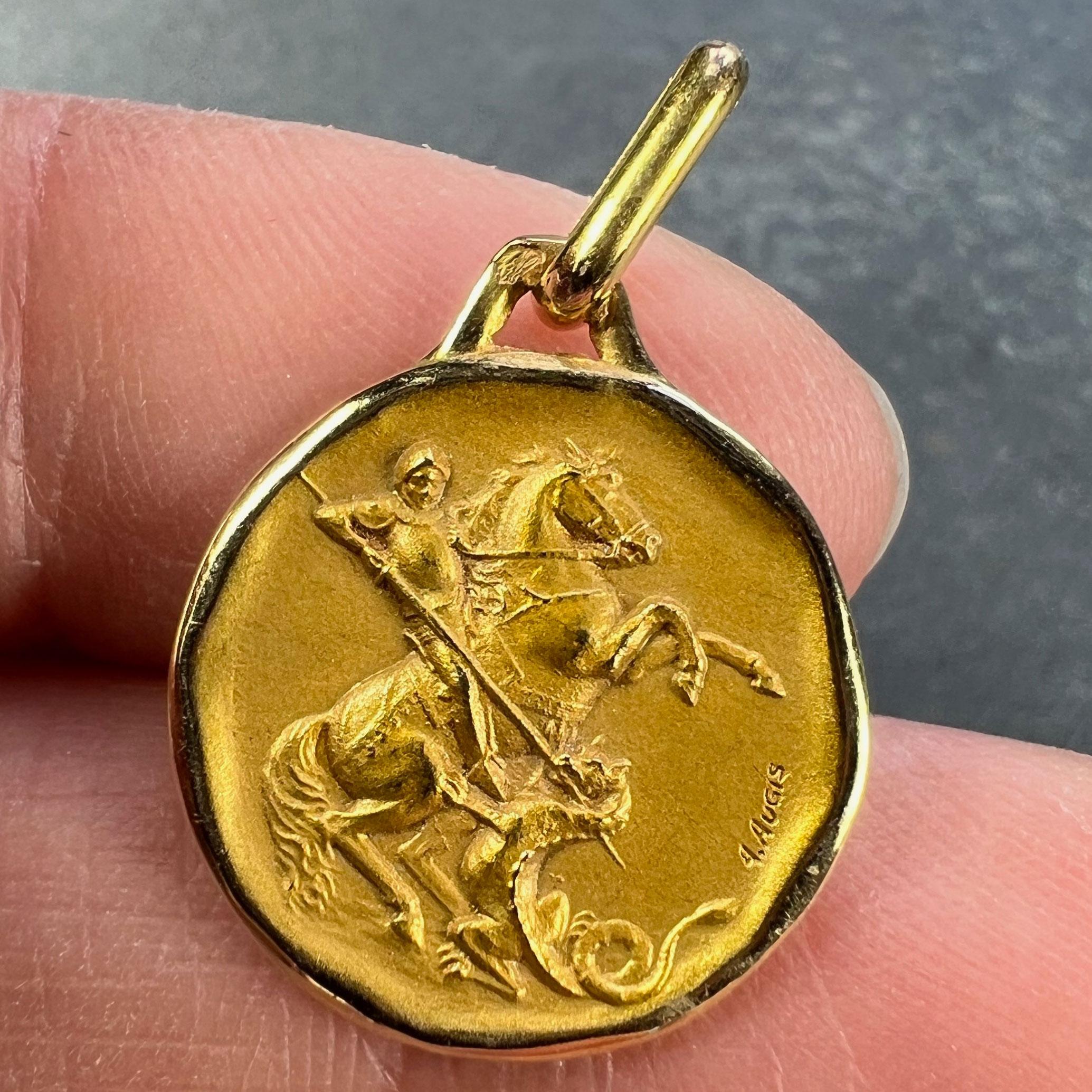 Women's or Men's French Augis Saint George and the Dragon 18K Yellow Gold Charm Pendant For Sale
