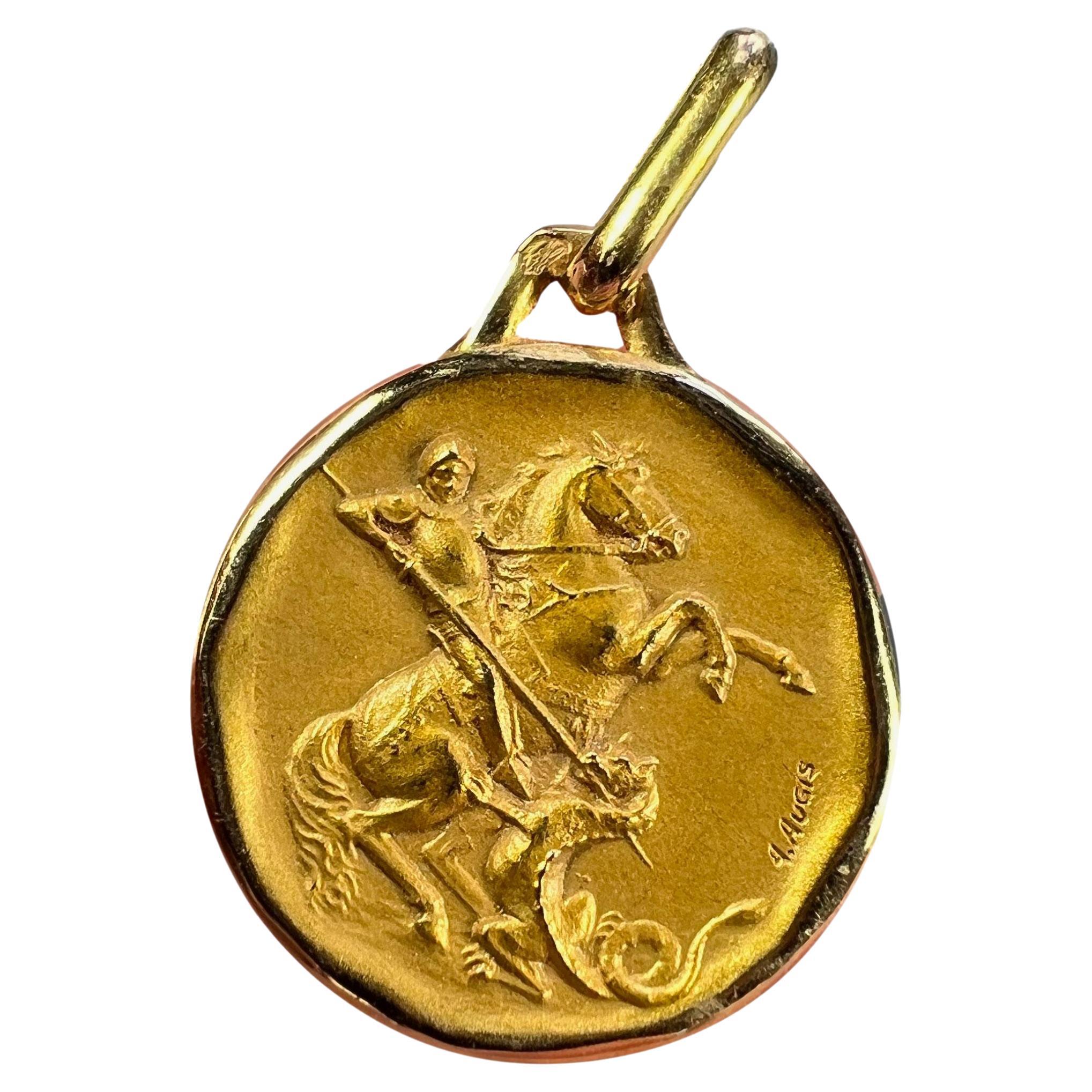 French Augis Saint George and the Dragon 18K Yellow Gold Charm Pendant For Sale