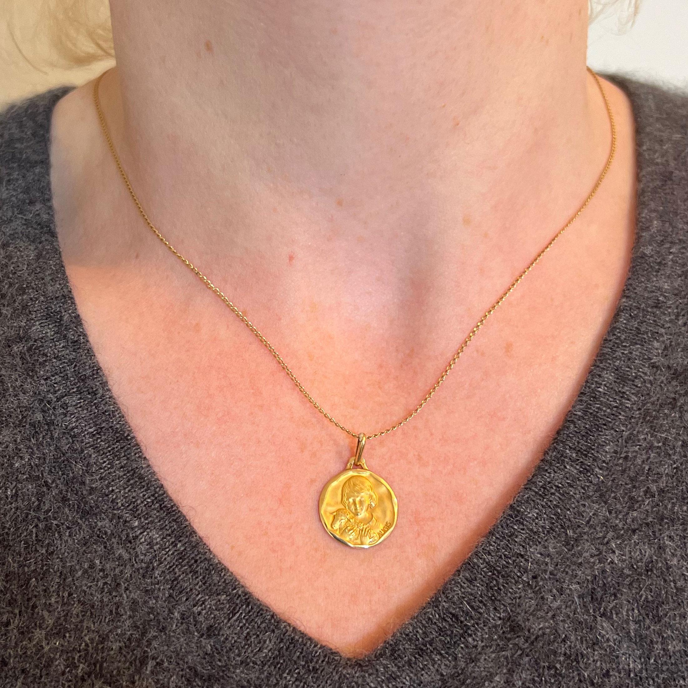 Women's or Men's French Augis Saint John the Baptist Lamb 18K Yellow Gold Medal Pendant For Sale