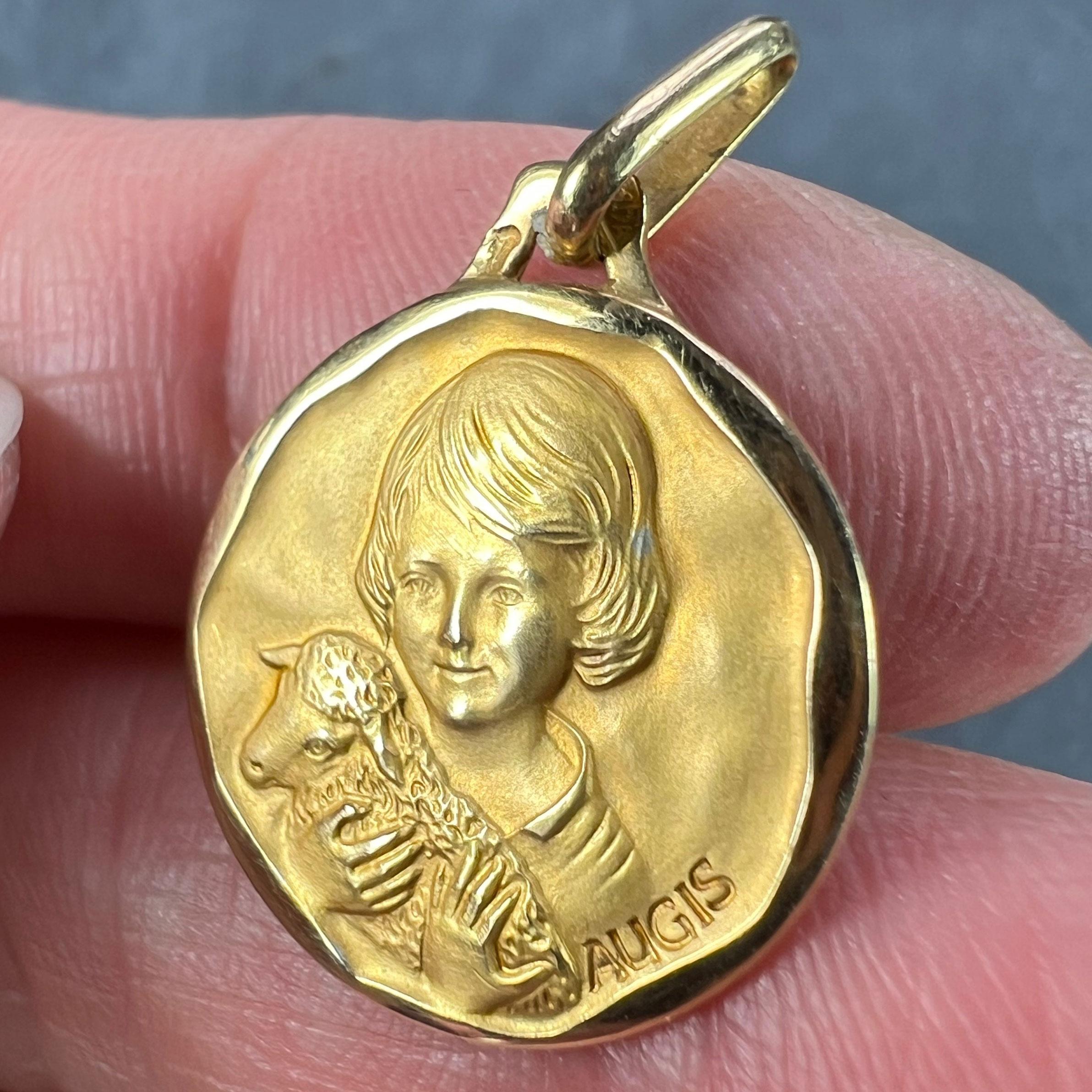 French Augis Saint John the Baptist Lamb 18K Yellow Gold Medal Pendant For Sale 2