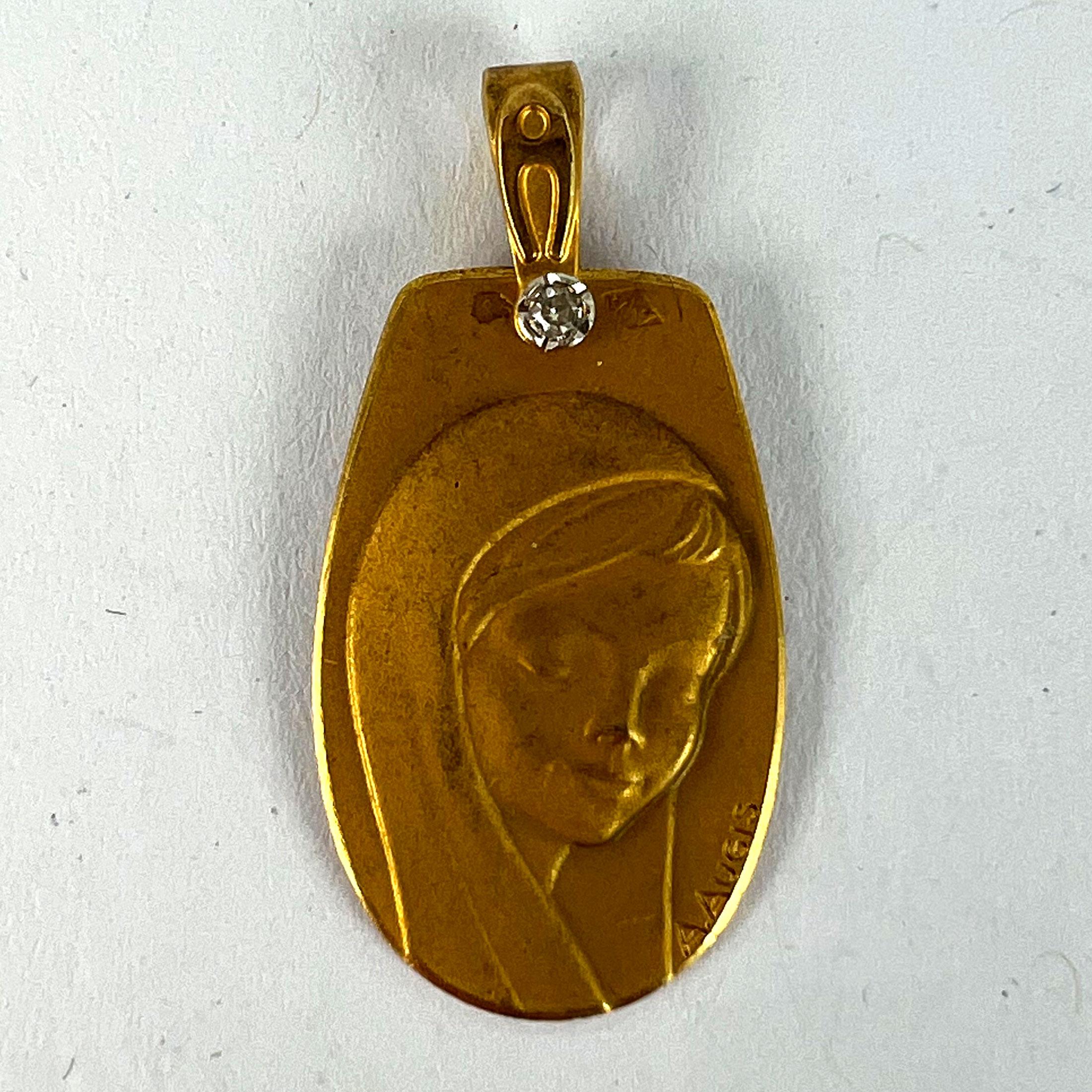 French Augis Virgin Mary 18K Yellow Gold Diamond Religious Medal Pendant For Sale 6
