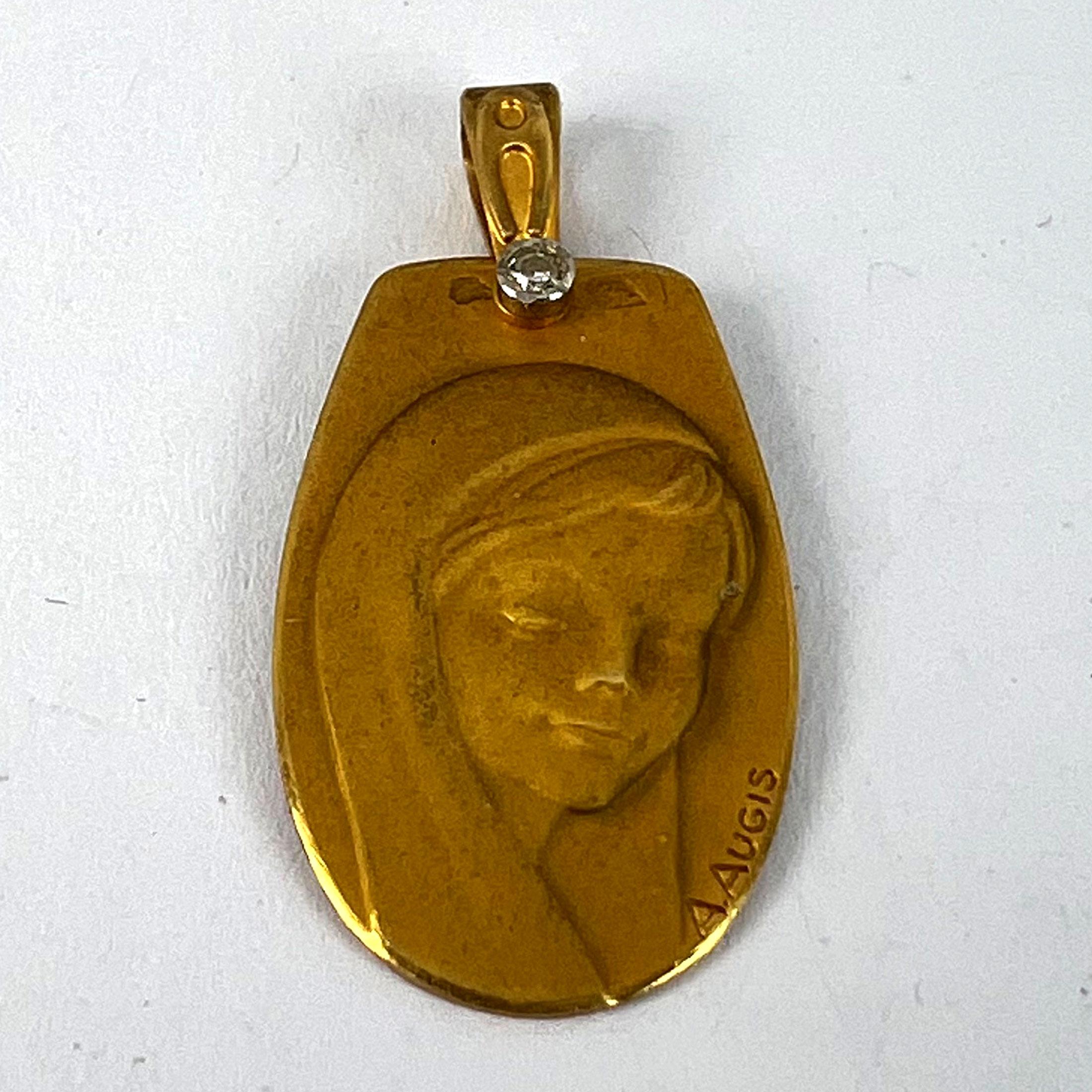 French Augis Virgin Mary 18K Yellow Gold Diamond Religious Medal Pendant For Sale 7