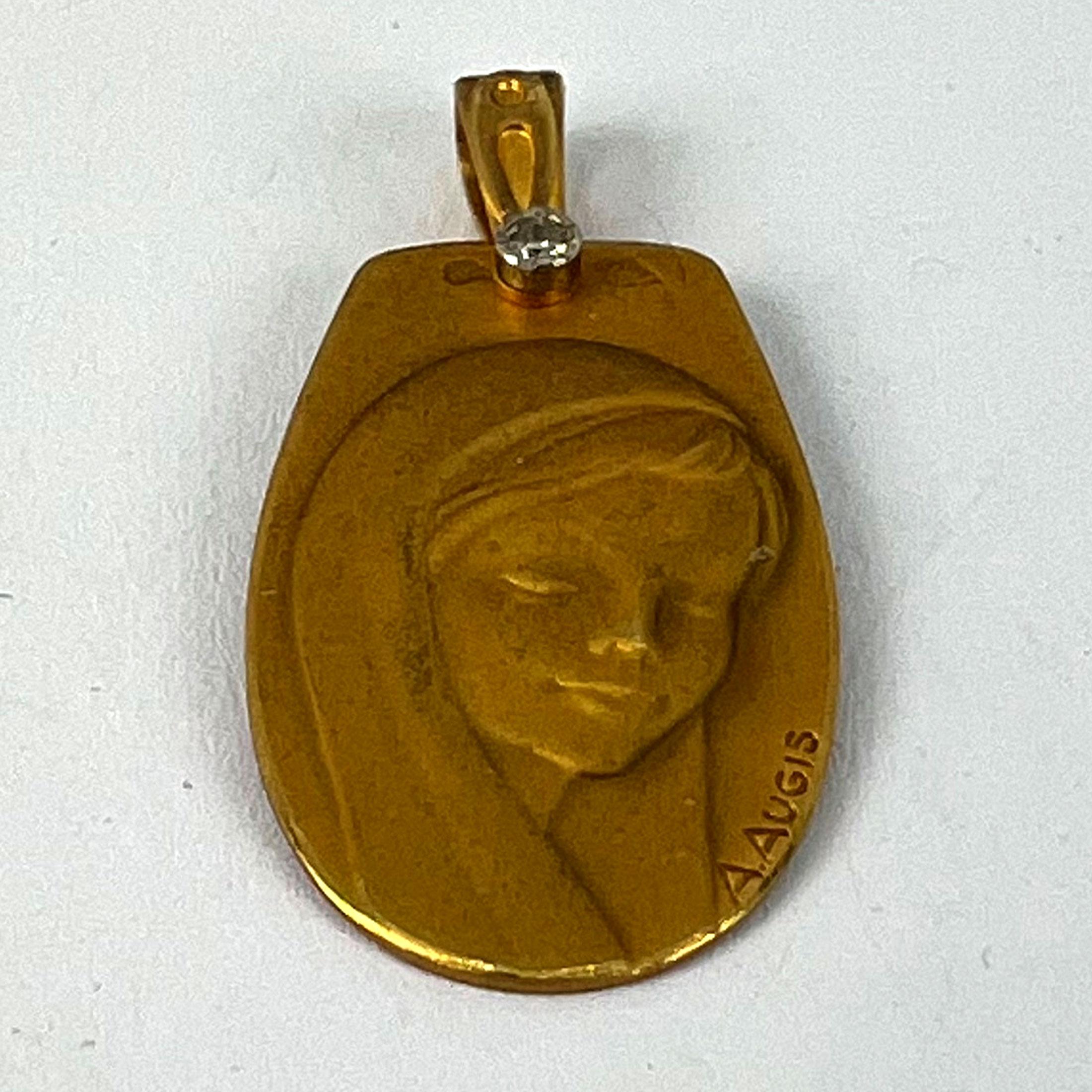 French Augis Virgin Mary 18K Yellow Gold Diamond Religious Medal Pendant For Sale 8