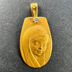 French Augis Virgin Mary 18K Yellow Gold Diamond Religious Medal Pendant