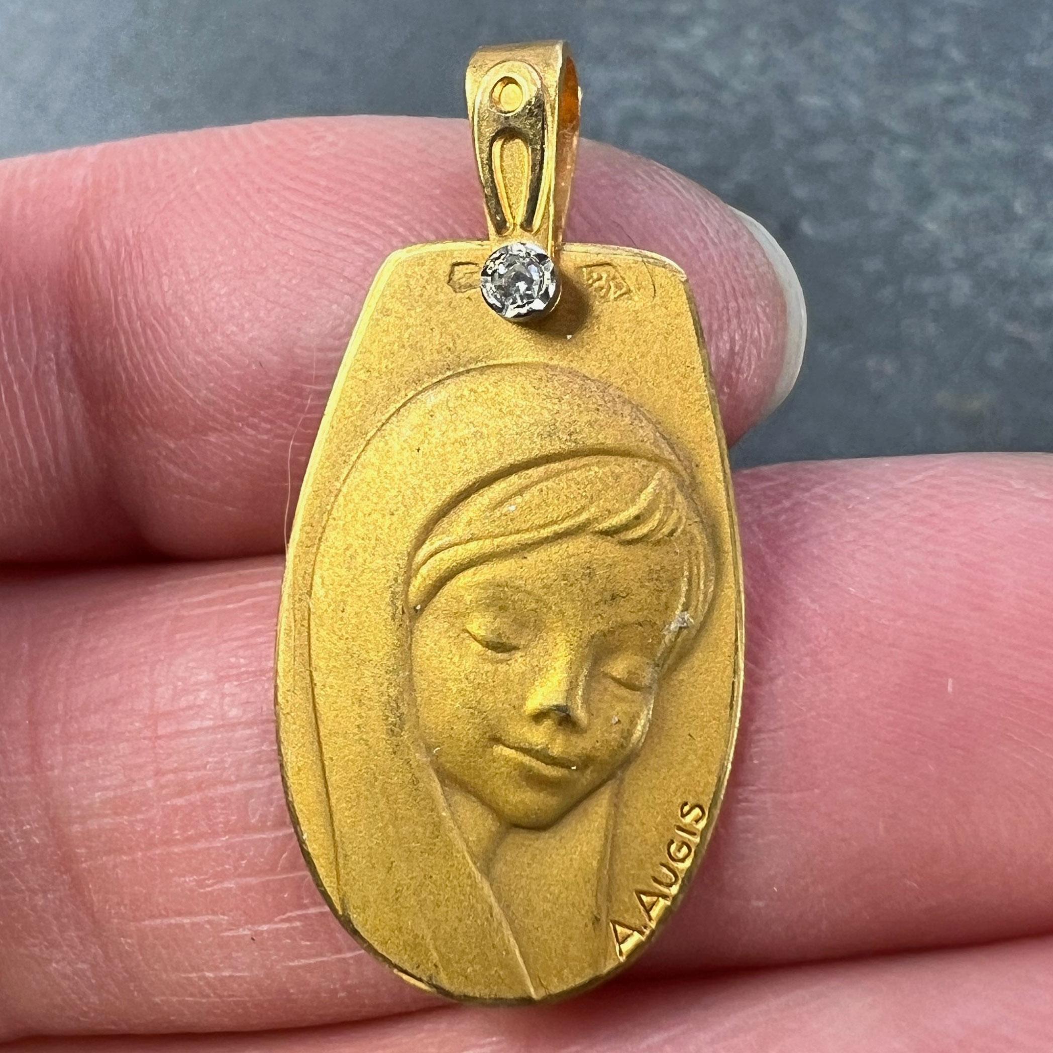 Women's French Augis Virgin Mary 18K Yellow Gold Diamond Religious Medal Pendant For Sale