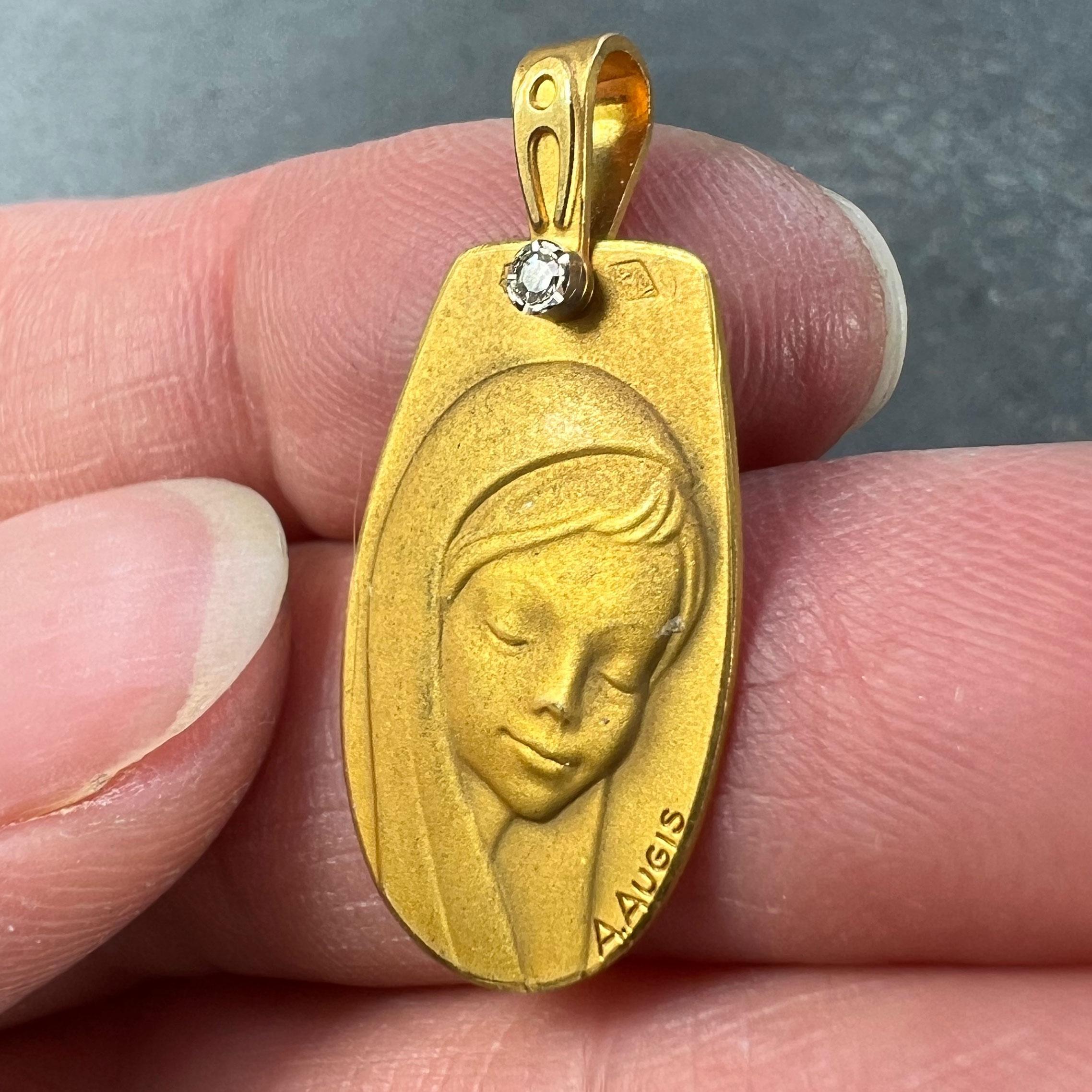French Augis Virgin Mary 18K Yellow Gold Diamond Religious Medal Pendant For Sale 1
