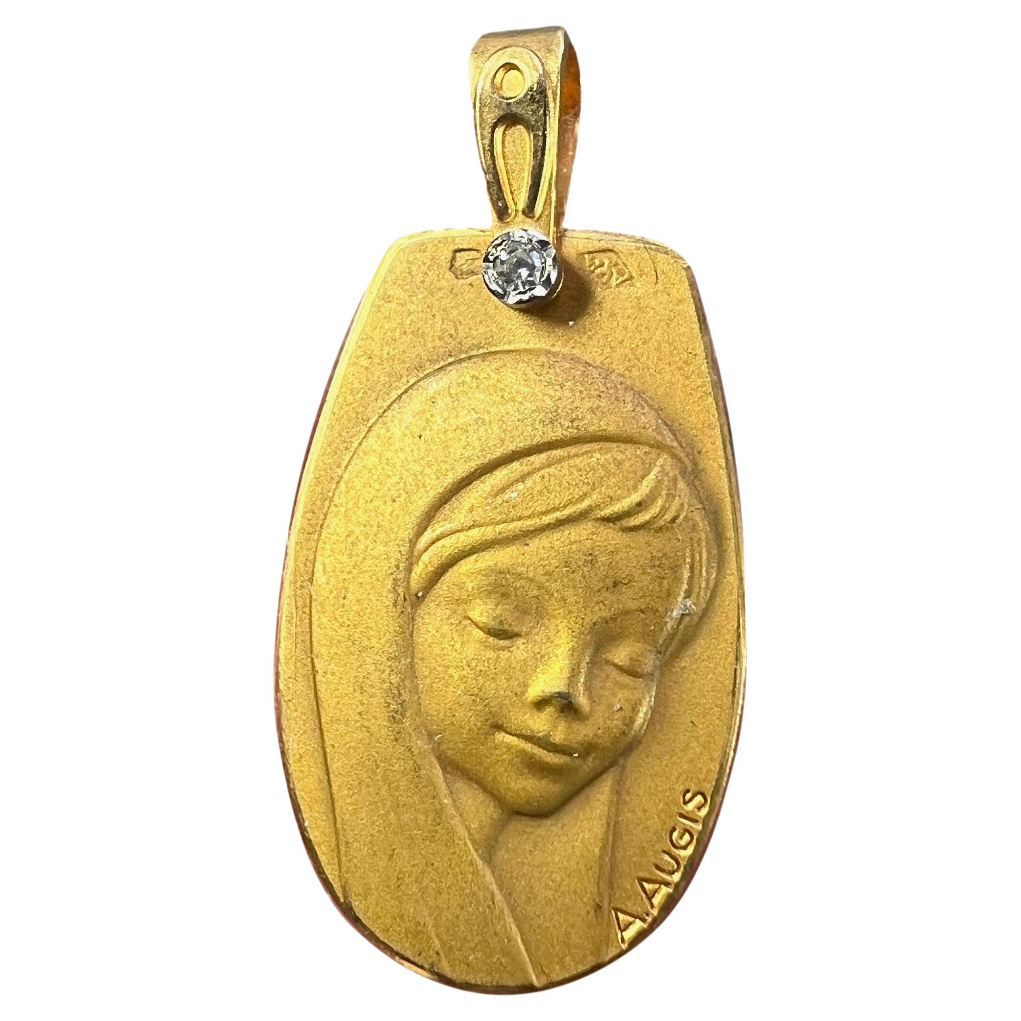 French Augis Virgin Mary 18K Yellow Gold Diamond Religious Medal Pendant For Sale